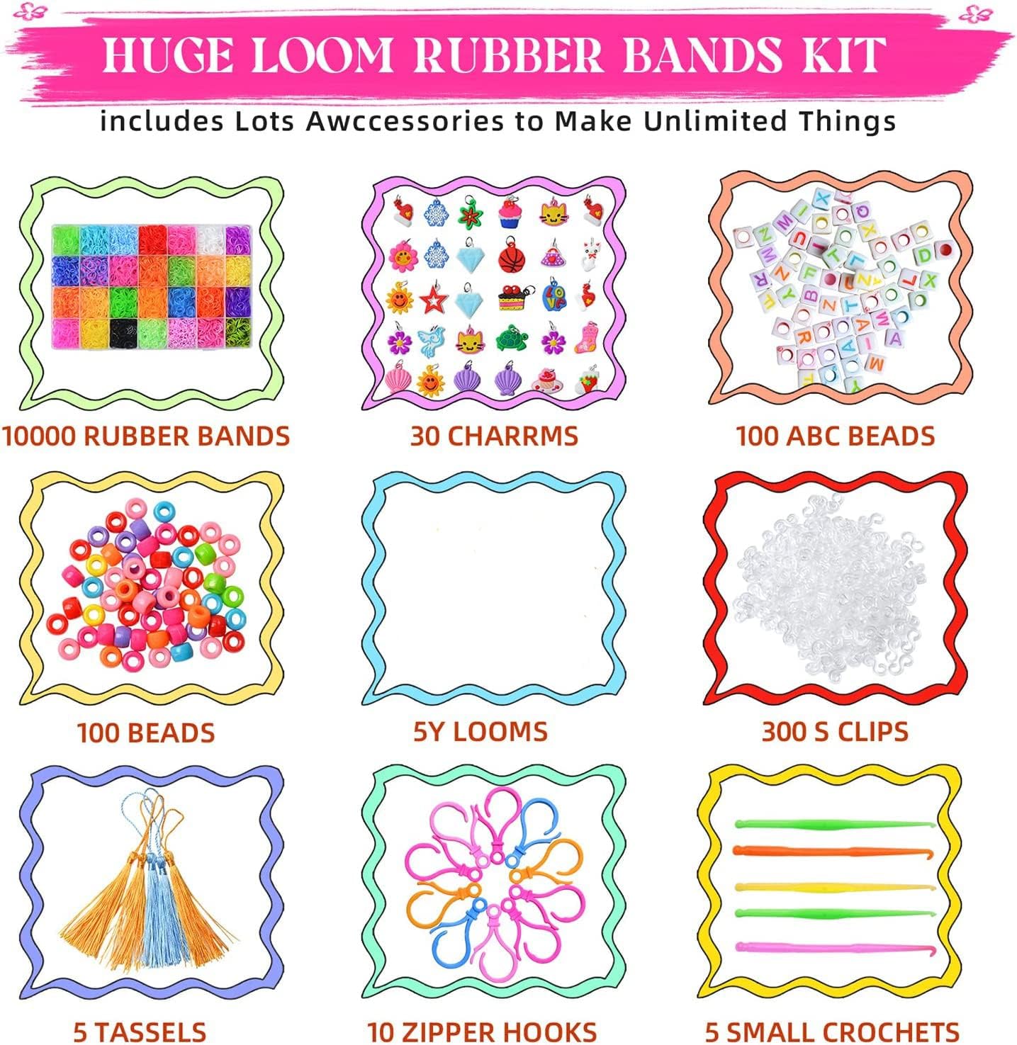 Thumbnail 1 de JIYAKO 11000+ Rubber Band Bracelet Kit (28 Colors) with Loom, Clips, Beads, Charms & Storage Case