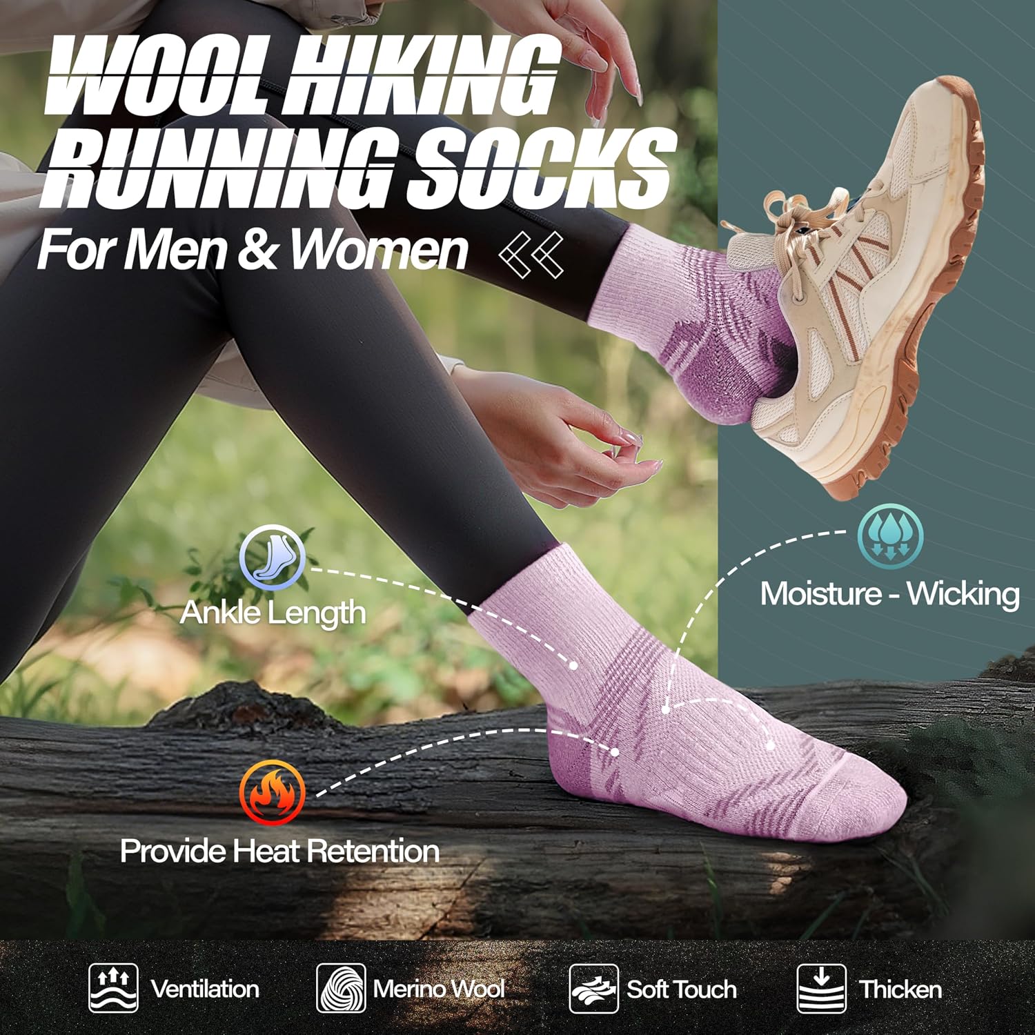Detalle de ANTSANG Merino Wool Quarter Hiking and Running Socks, Cushioned 6-Pair Pack