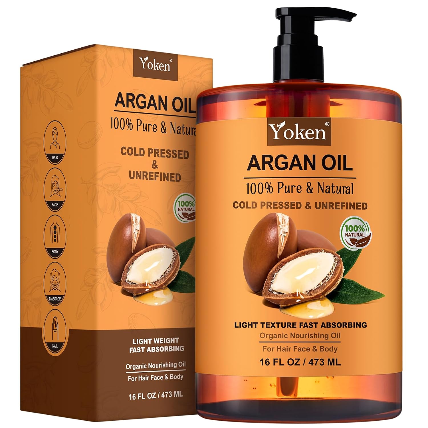 Detalle de Yoken Pure Argan Oil (16 fl oz) — 100% natural cold-pressed Moroccan argan oil for hair, face, scalp, nails & body