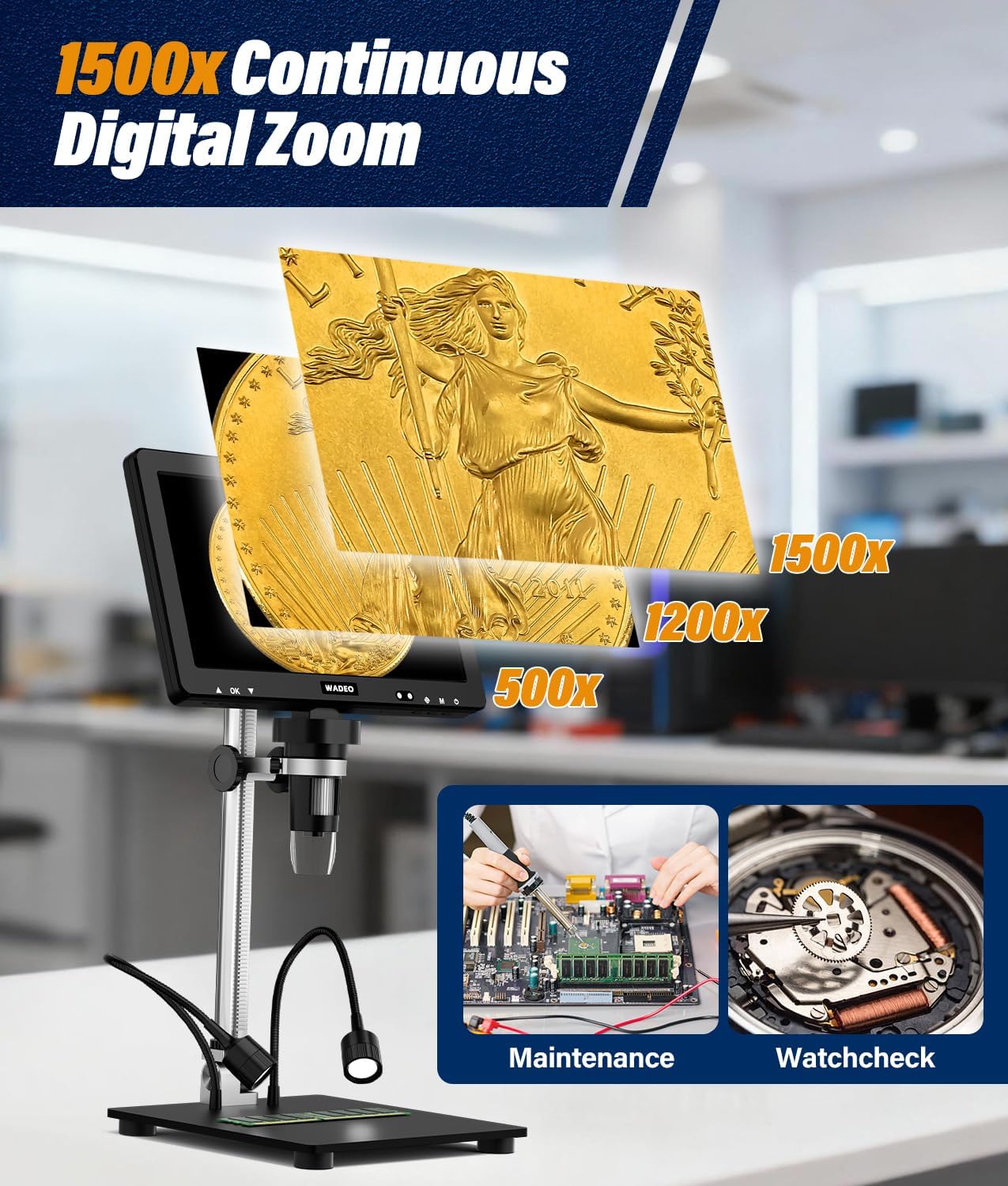 Thumbnail 4 de WADEO Microscopio Digitale con Schermo LCD 10,1'' – 1500X, 1080P, 32GB, 8 LED per Riparazione Elettronica