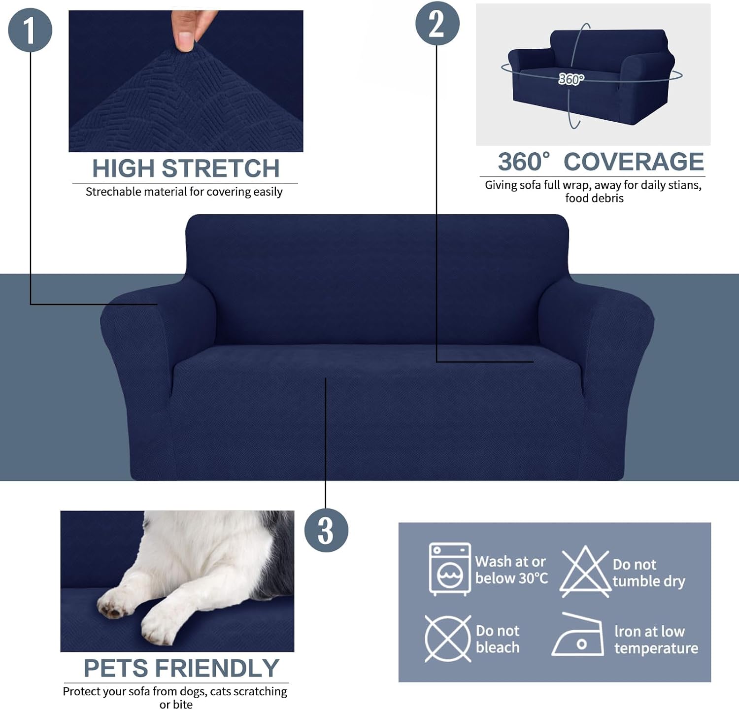 Thumbnail 3 de Housse Canapé Ystyle Extensible 3 Places – Protection antidérapante et design géométrique bleu foncé