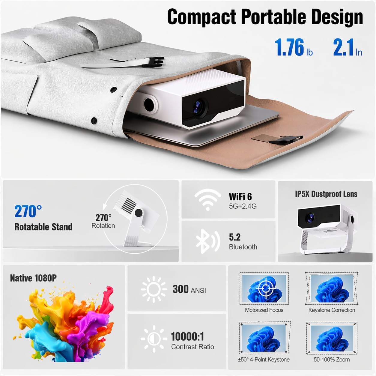 Thumbnail 1 de 2026 Smart Projector Android 14 Mini Projector with WiFi 6, Bluetooth 5.2 and Built-in Apps