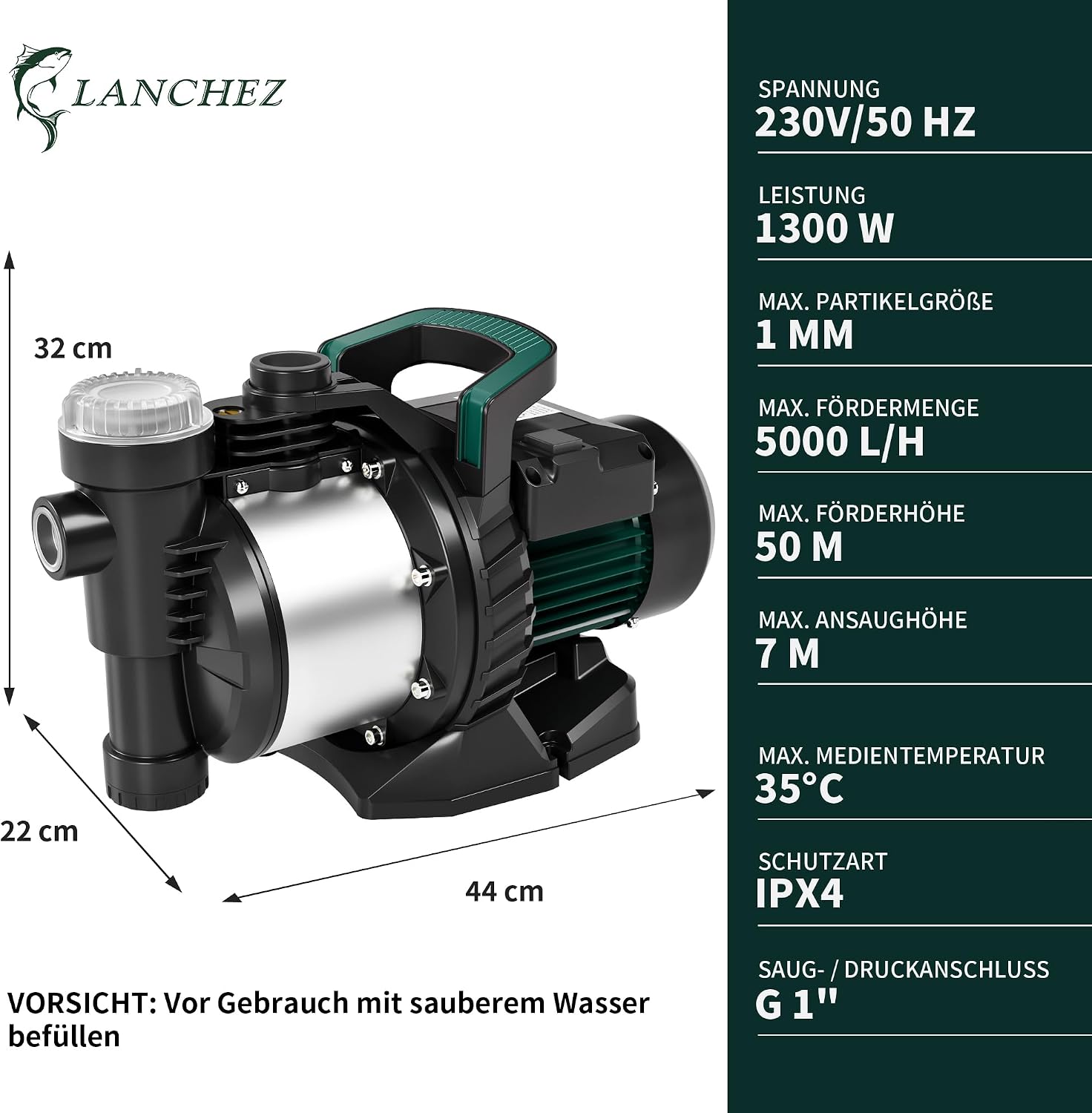 Thumbnail 3 de LANCHEZ Gartenpumpe 5000 l/h – 1300 W, Förderhöhe 50 m, inkl. Filter, Wasseranschluss und Ablass