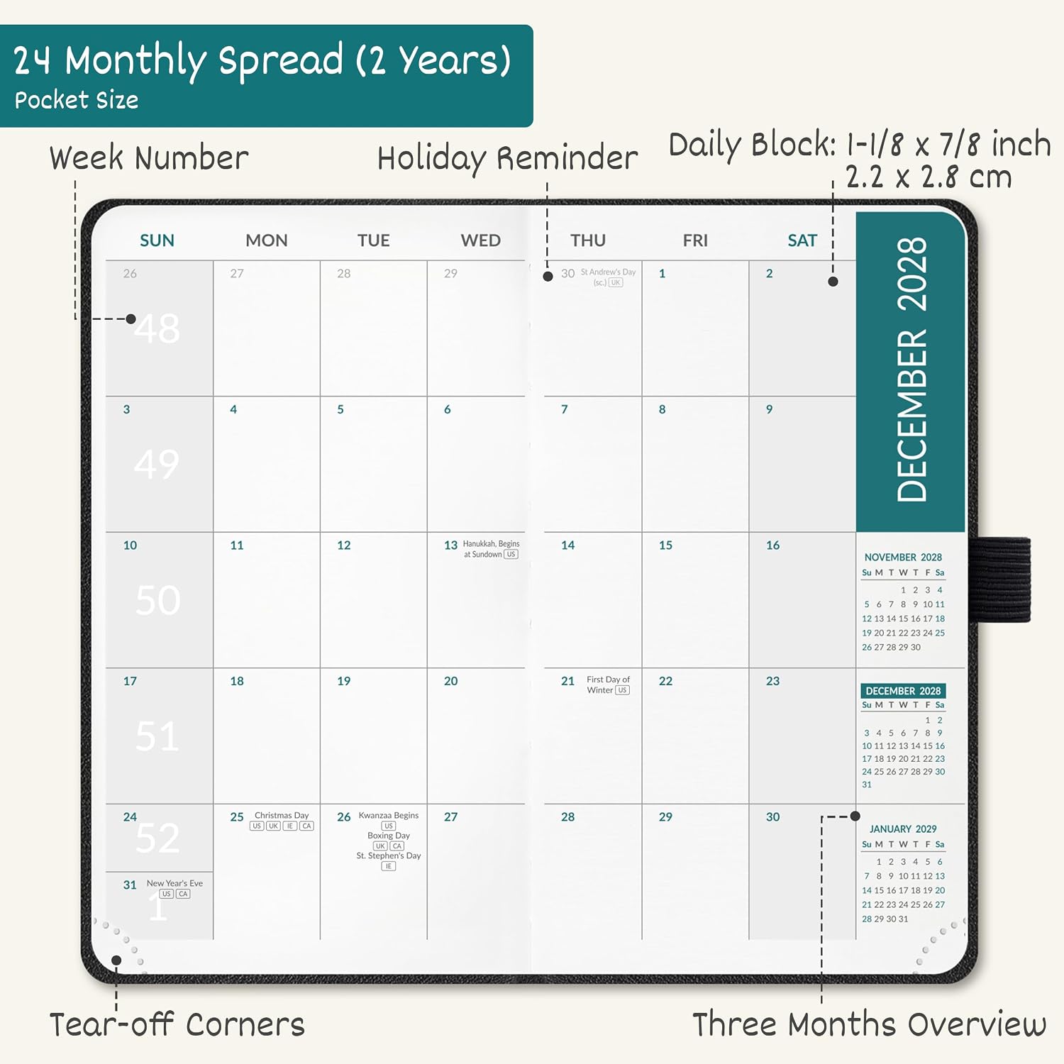 Detalle de BEZEND Pocket Monthly Planner 2027-2028, 3.5" x 6.5", 100 GSM Paper