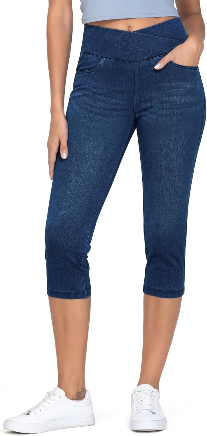 Detalle de THE GYM PEOPLE Women’s V-Cross Capri Jeggings, 3/4 Stretch with Tummy Control