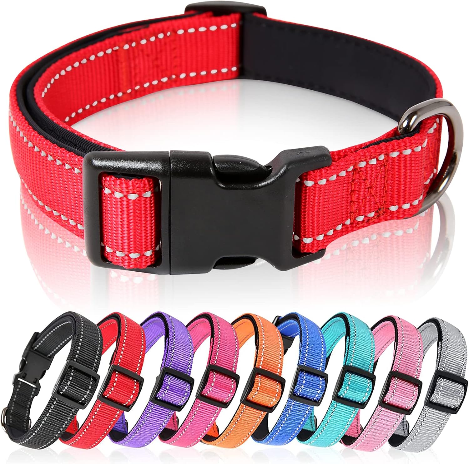 Detalle de HEELE Dog Collar, Reflective, Soft Neoprene Padded Nylon Pet Collar for Medium Dogs – Red, M (34-52cm)