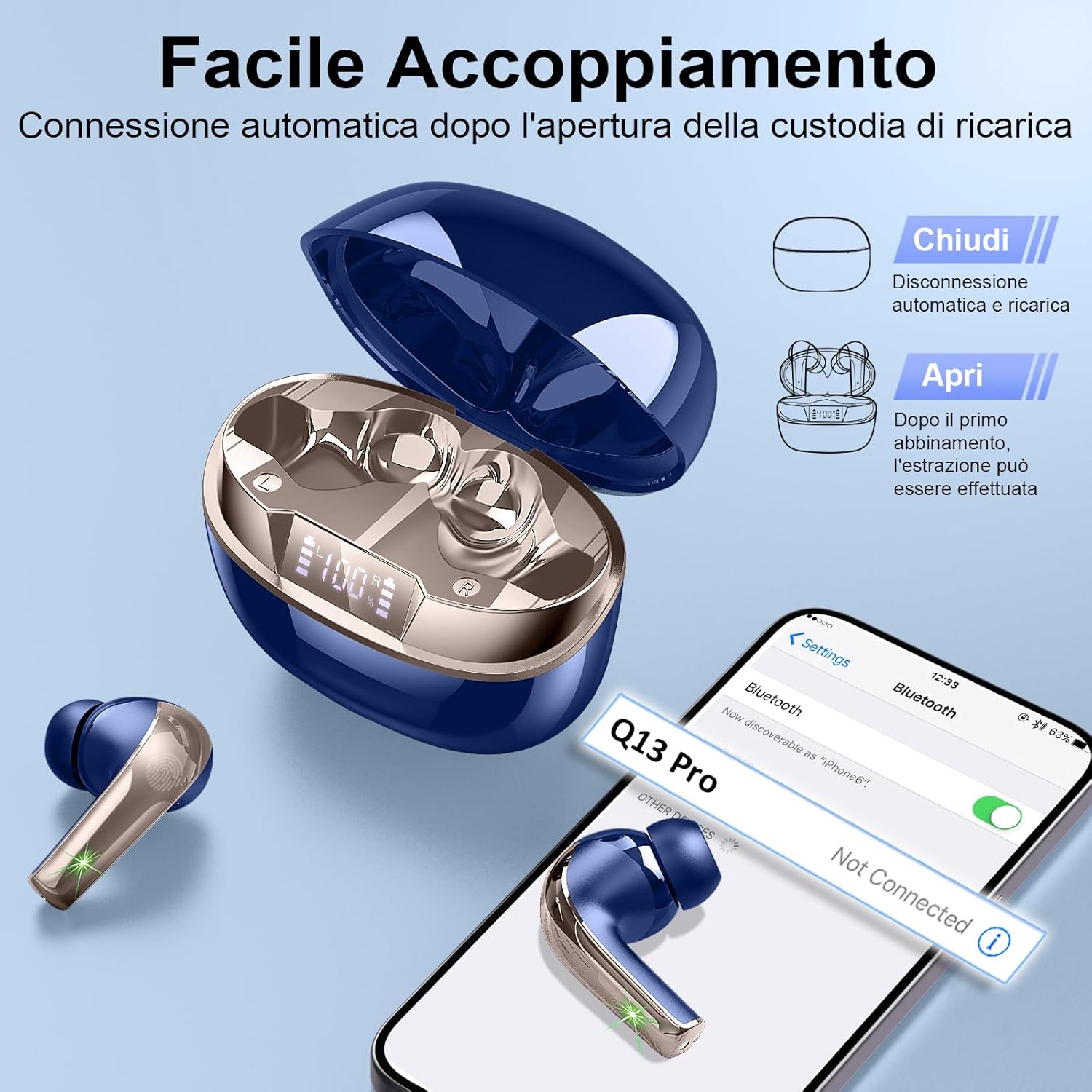Thumbnail 2 de AOSRAU Wireless Earbuds (Bluetooth 5.3), Blue Gold – noise cancelling mic, IP7 waterproof