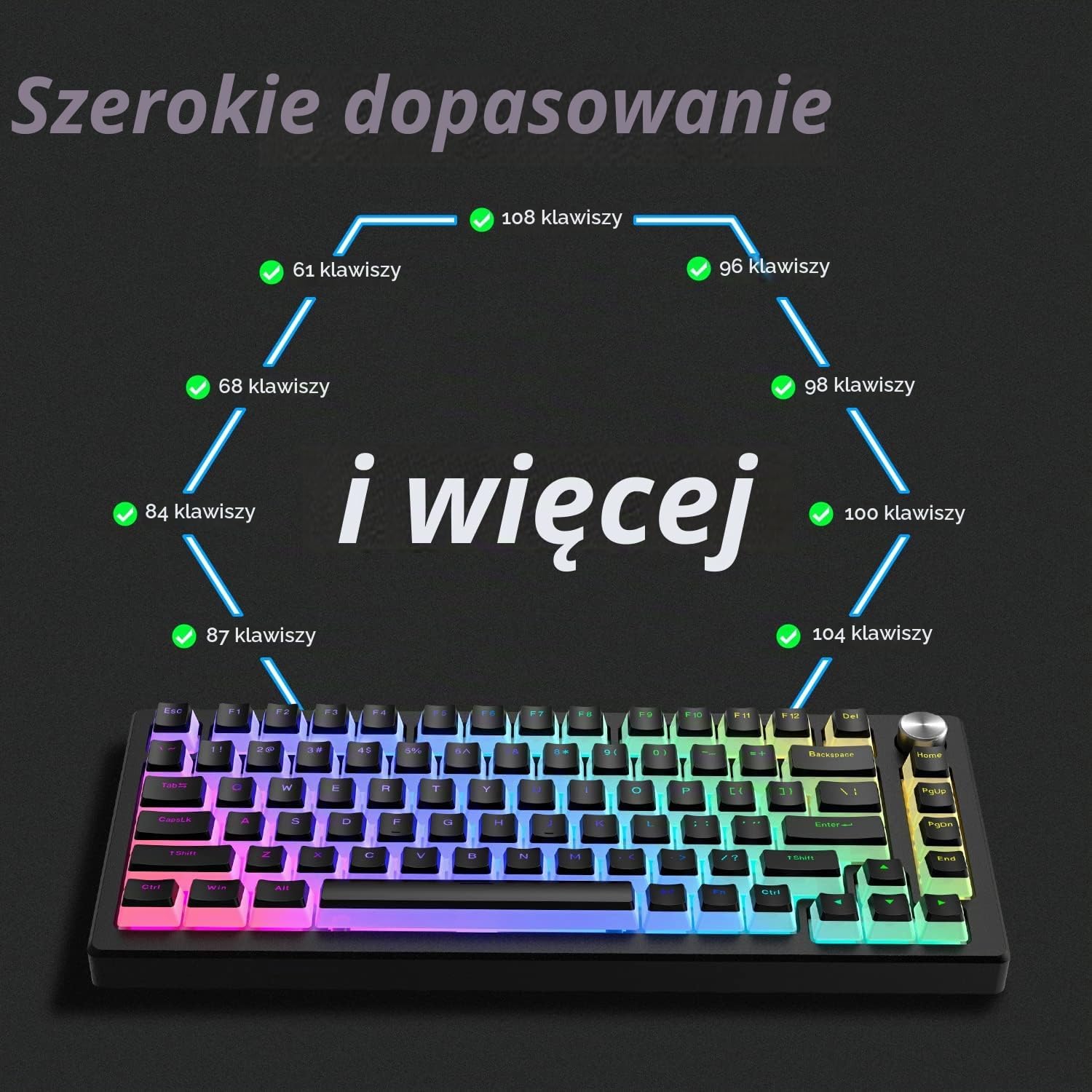 Detalle 2 de Womier Pudding – 165 czarnych nakładek PBT, profil OEM i efekt RGB