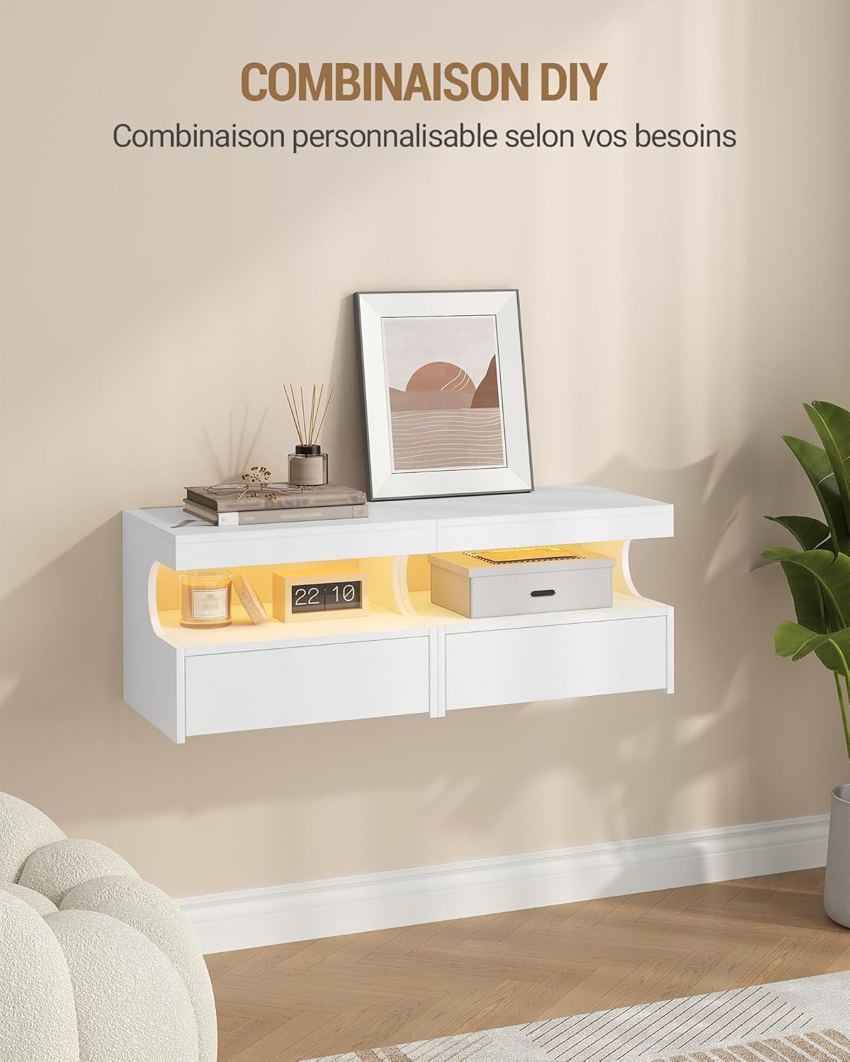Detalle de Hzuaneri Table de Chevet Suspendue – Lot de 2, avec LED et tiroir coulissant (Blanc) NS50403XEU
