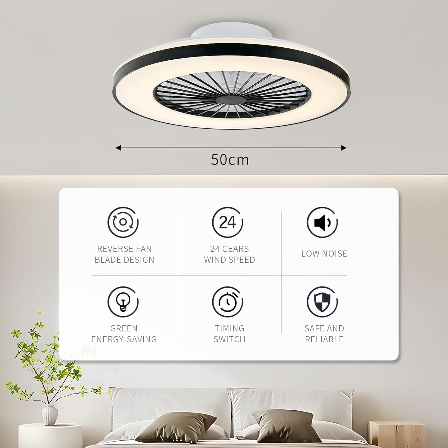 Detalle de BKZO Modern LED Ceiling Light with Fan (50cm, Black Frame) – 24 Speeds, 3000–5500K, Stepless Dimming