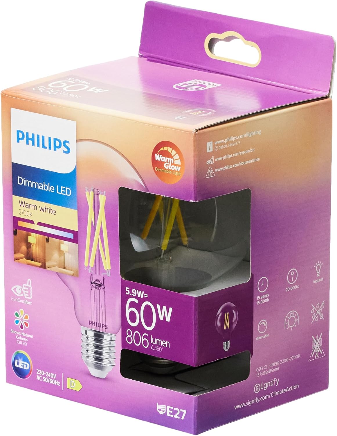 Detalle de Philips 929003010901 Globe LED-filamentlamp E27, dimbaar, transparant, 2700 K