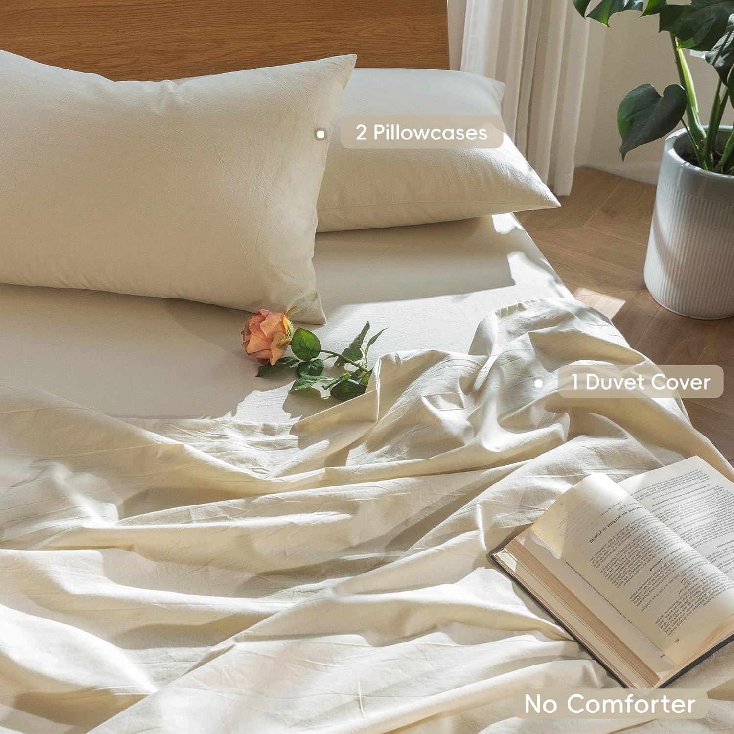 Detalle 2 de MooMee 100% Washed Cotton Duvet Cover Set in Almond Milk Gray (King, 104 x 90)