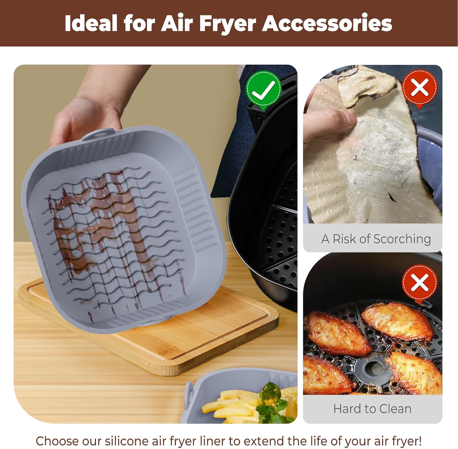 Thumbnail 5 de Diboniur Teglia per friggitrice ad aria 5-8L con 2 tappetini in silicone (nero e grigio), per airfryer, microonde e forno