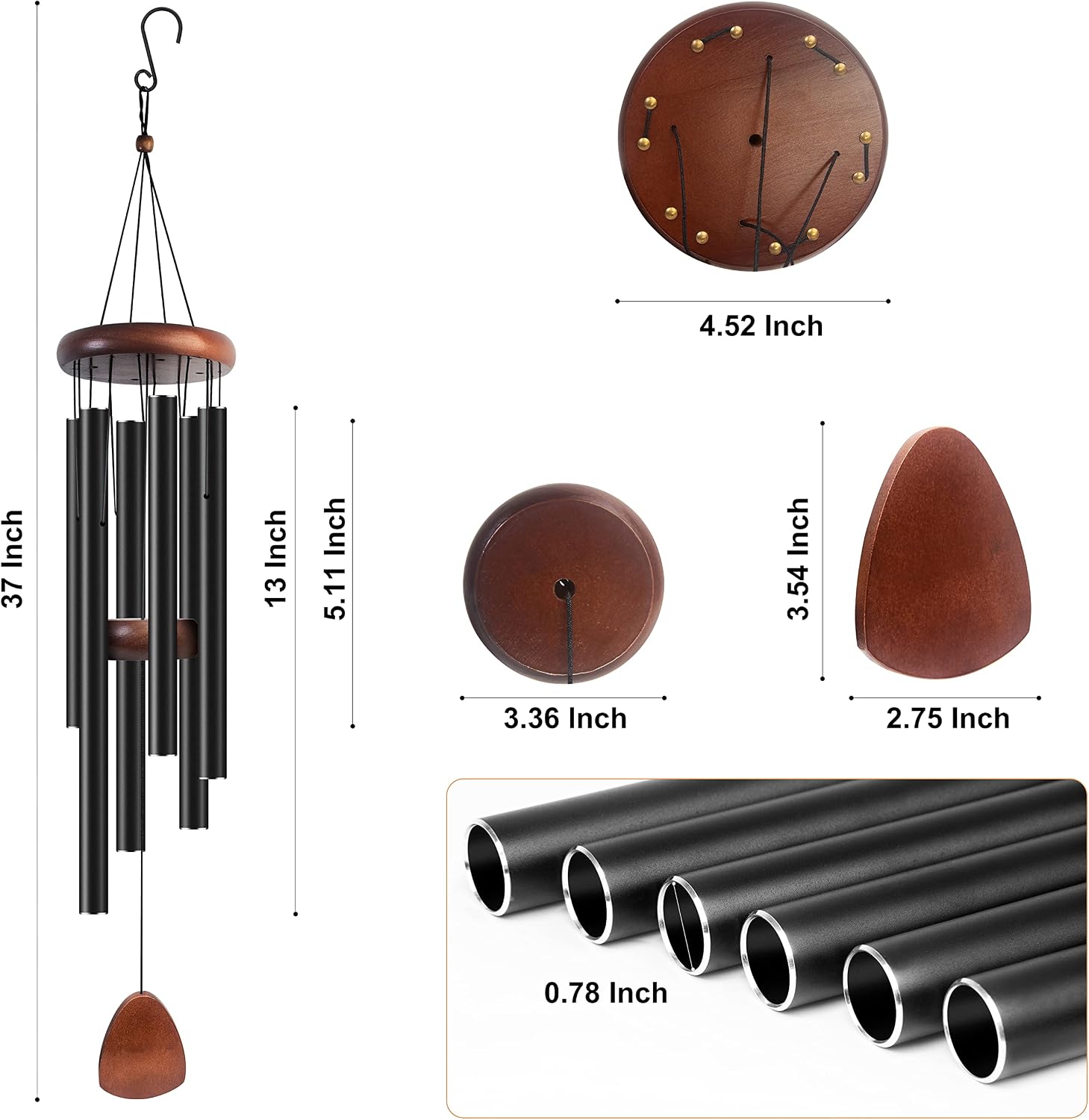 Detalle de Bursvik Classic 37" Black Aluminum Wind Chime for Outdoor Spaces
