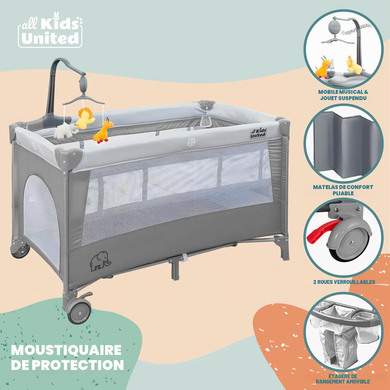 Thumbnail 3 de Voyage pour bébé Deluxe all Kids United Lit de voyage avec matelas à langer et mobile électronique (gris)