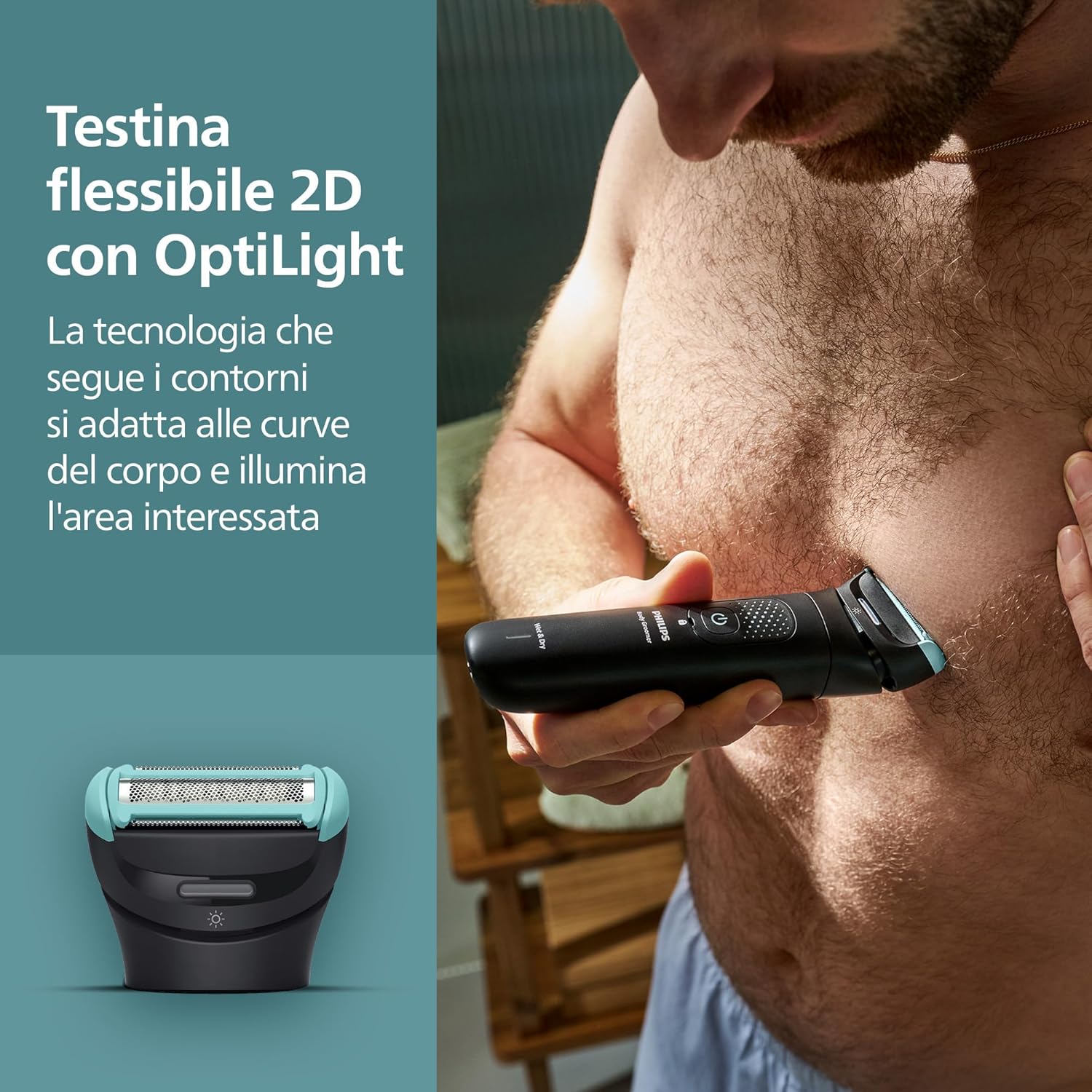 Detalle de Philips Bodygroom Serie 7000 BG7480/15 – rifinitore uomo con testina flessibile 2D, tripla protezione e autonomia fino a 120 minuti