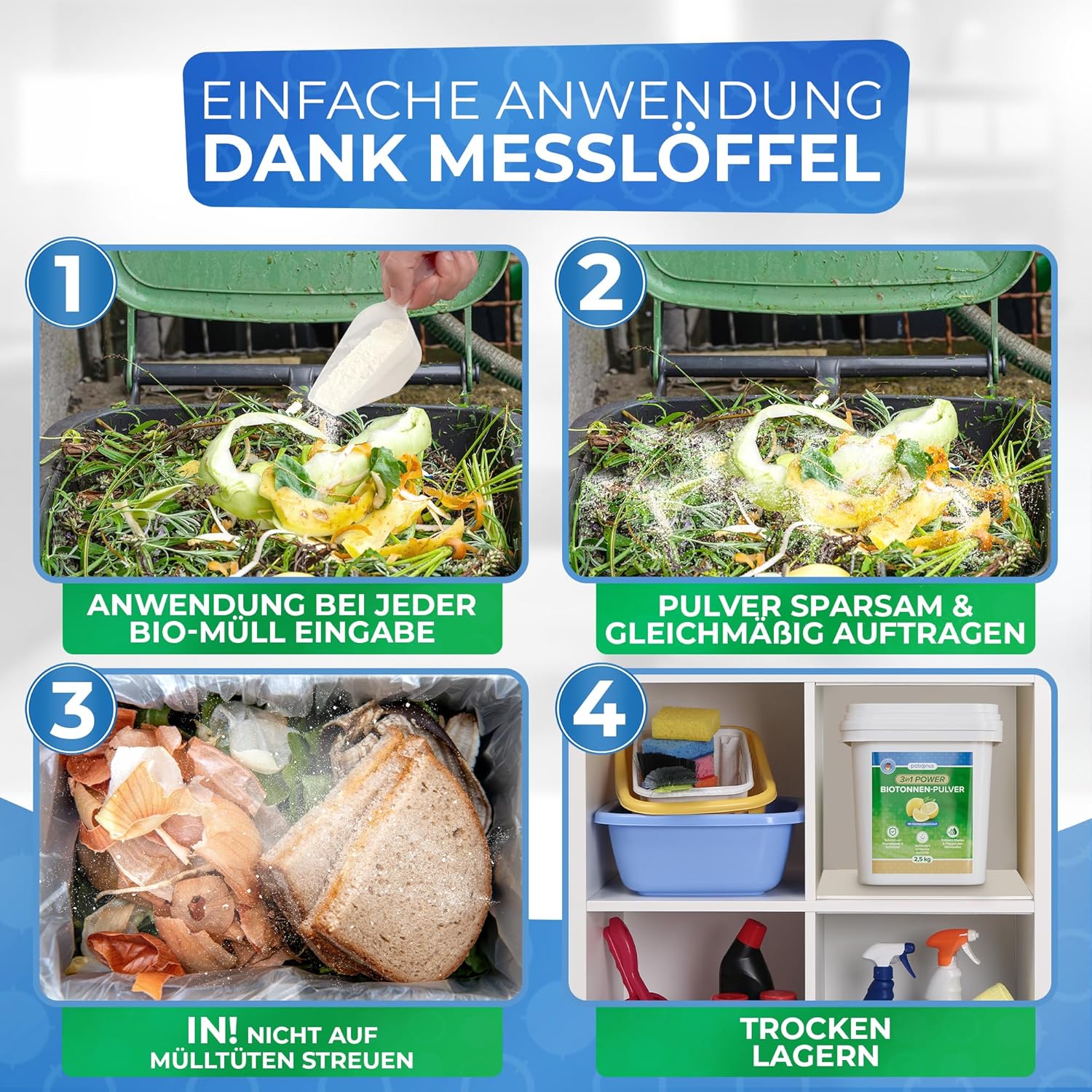 Detalle de Patronus Biotonnenpulver gegen Maden und Geruch – 2,5 kg Vorteilspack für Mülltonne & Biotonne
