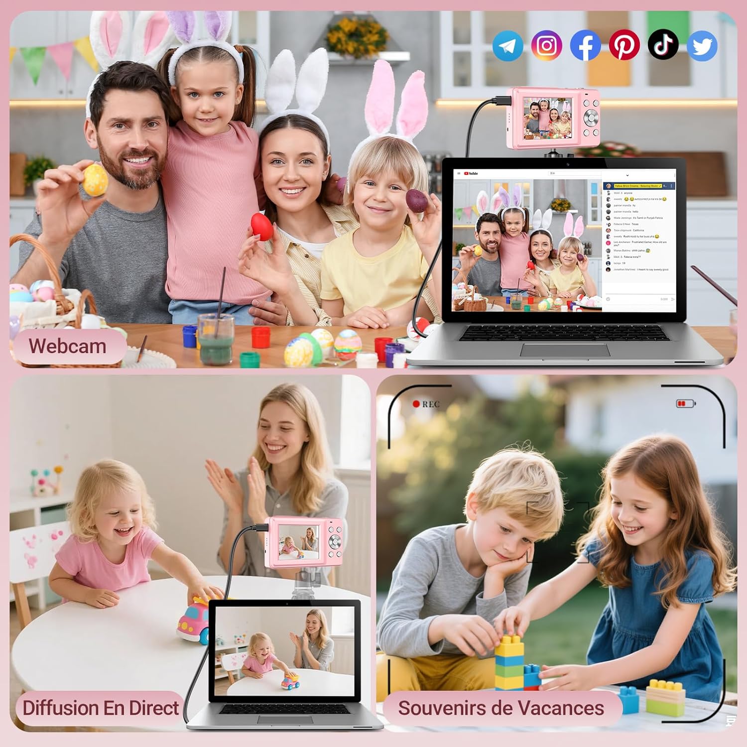 Detalle 2 de Appareil photo numérique 44MP rose (anti-tremblement) avec vidéo HD 1080P, écran IPS 2,4”, zoom numérique 16X et carte 32GB