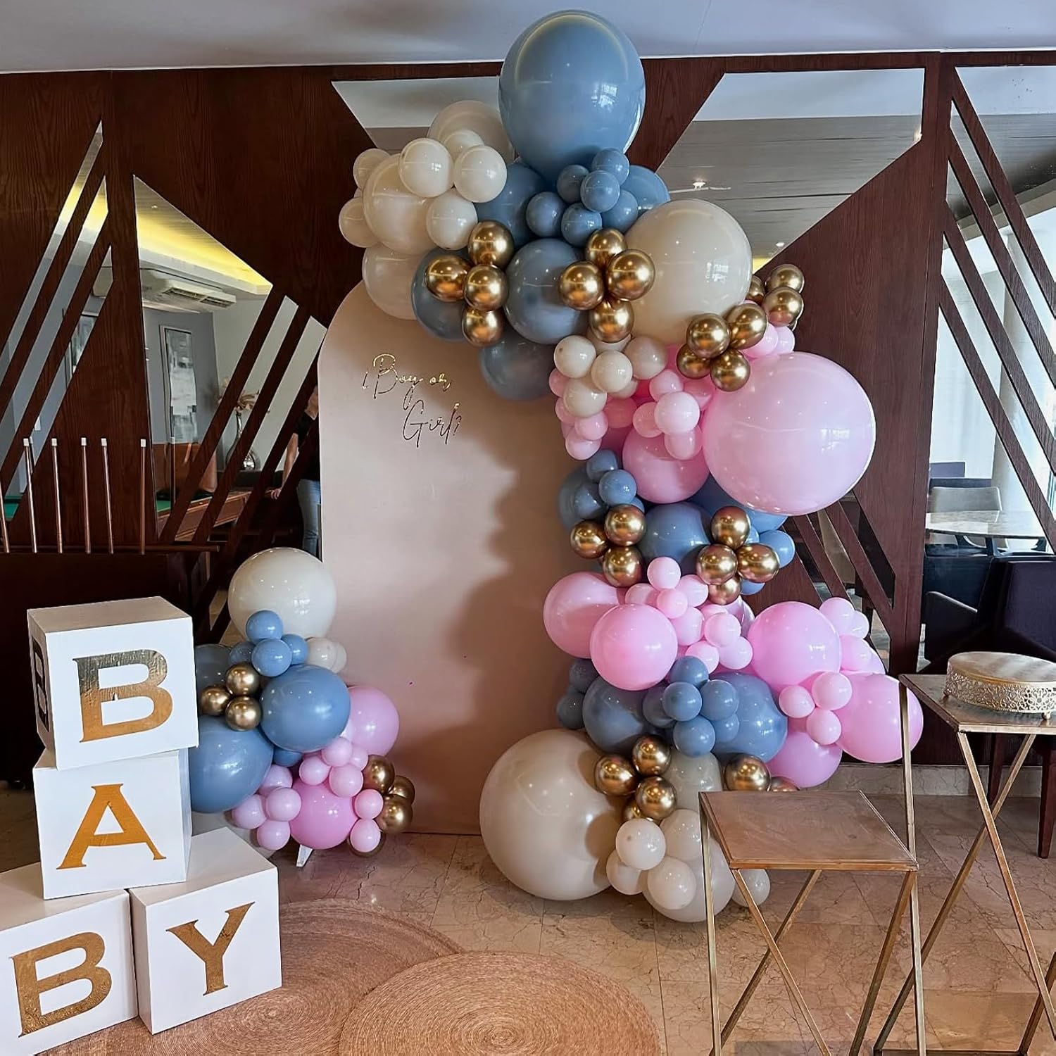 Thumbnail 5 de Gender Reveal Balloons 60-Piece Set (12-Inch) in Dusty Pink, Fog Blue, Sand White & Chrome Gold