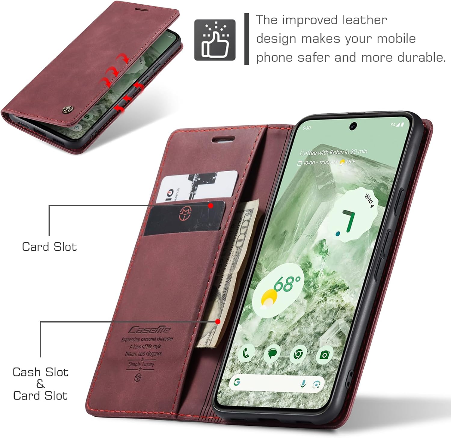 Thumbnail 1 de Phernykas Handyhülle für Google Pixel 8A – Premium Leder Klapphülle mit Standfunktion, Kartenfächern und Stoßschutz in Weinrot