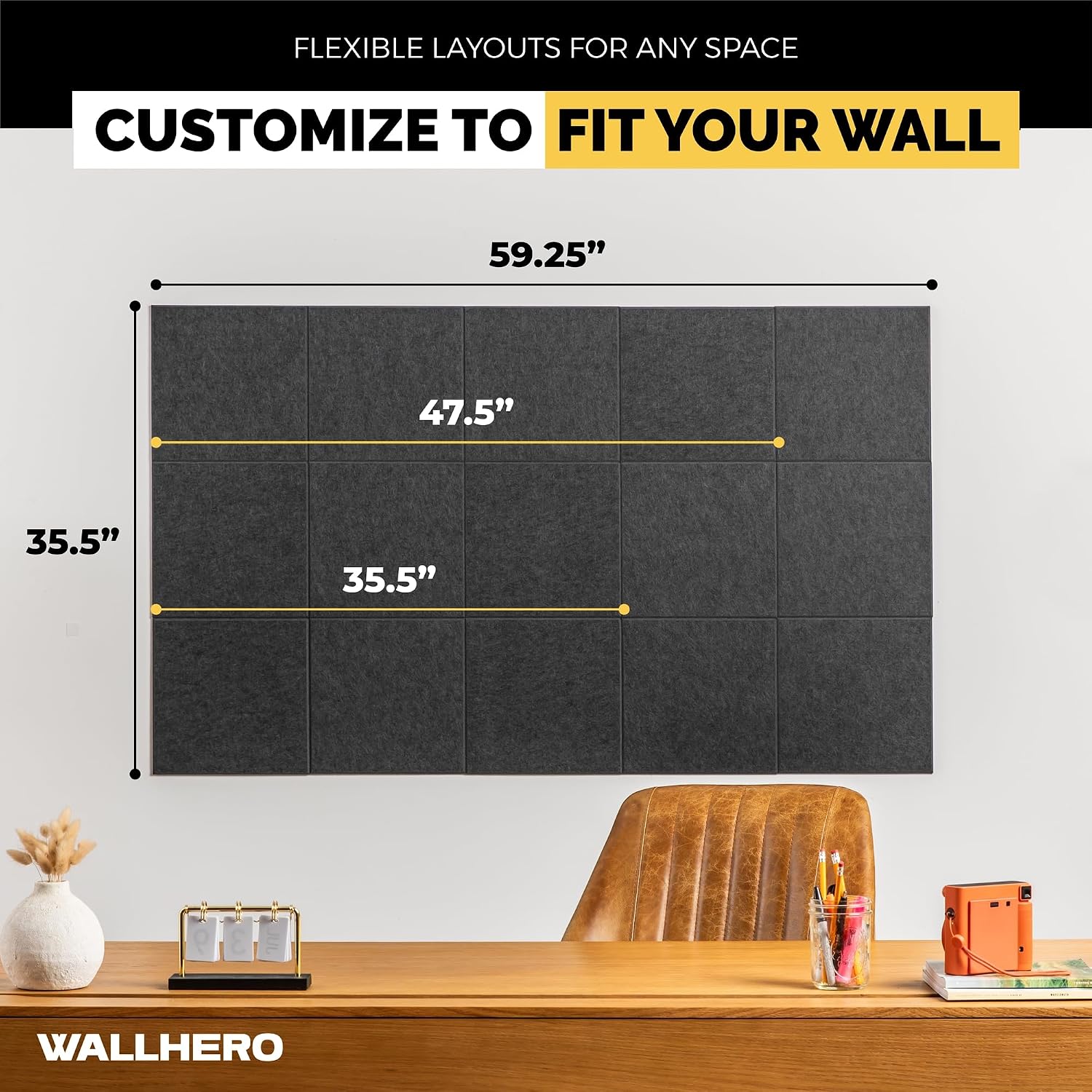 Detalle 2 de WallHero 15x_12inch Felt Bulletin Board Tiles, 15-Pack, Charcoal