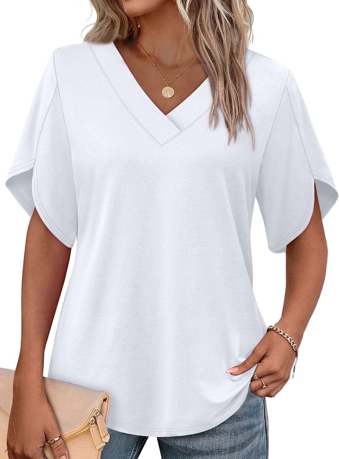 Detalle de WIHOLL Women's Summer Tops: Short Petal Sleeve Shirt with V-Neck