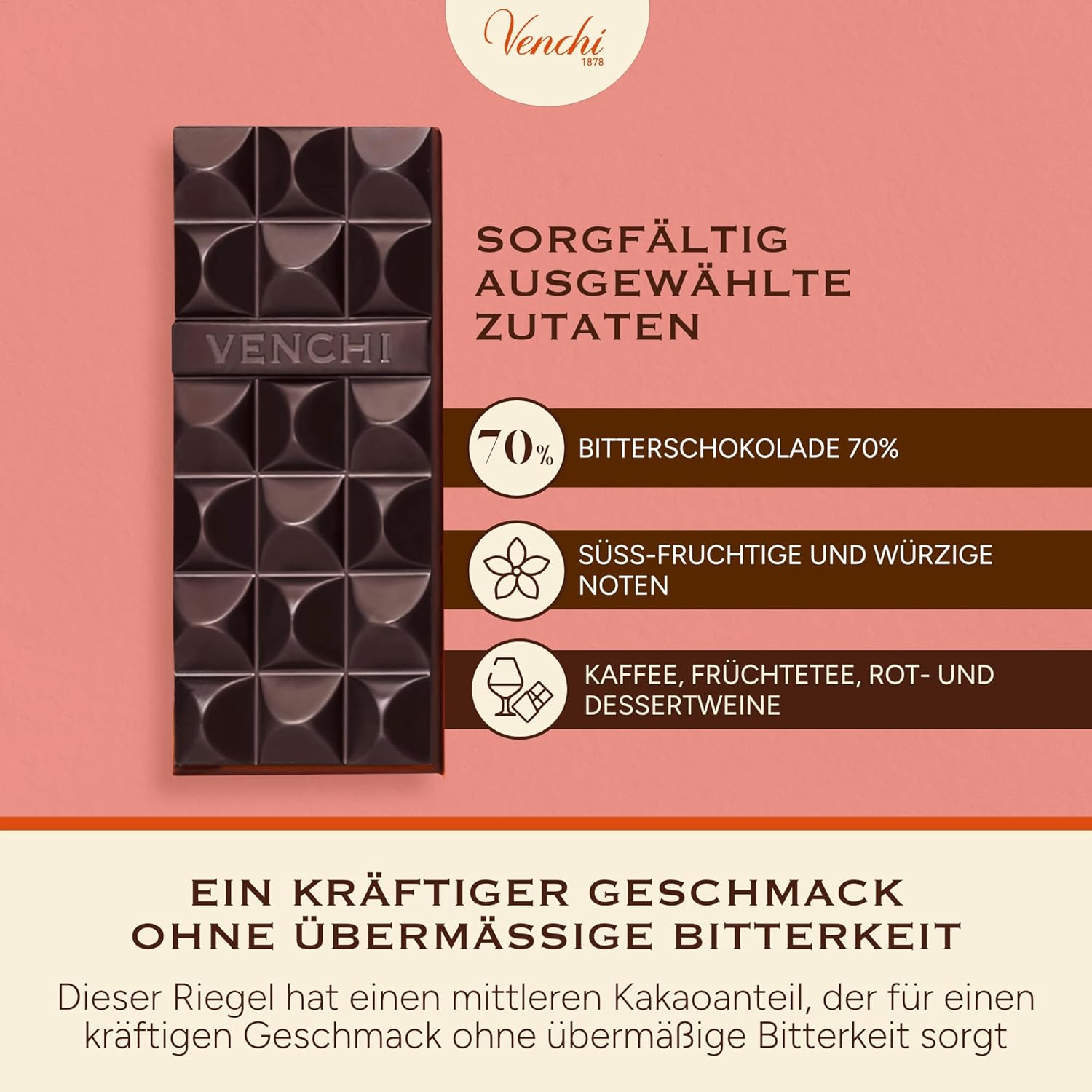 Detalle de Venchi Tafel Zartbitterschokolade 70% – 78 g, glutenfrei & vegan