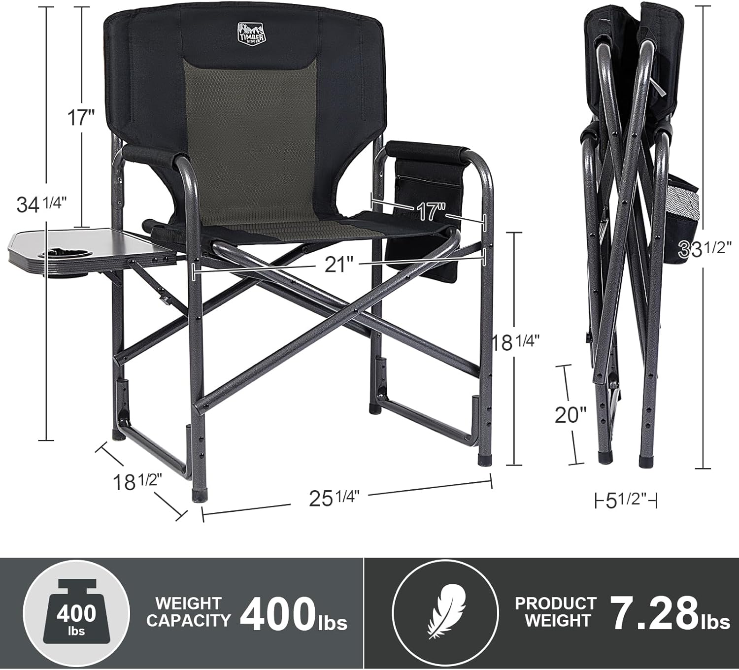 Thumbnail 2 de Timber Ridge Aluminum Oversized Camping Chair with Side Table & Detachable Pocket (Black)