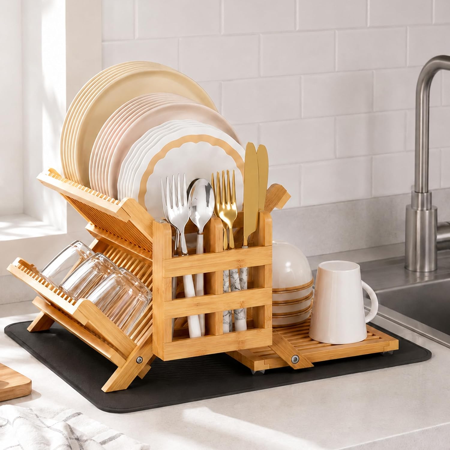 Greenual Bamboo Dish Drying Rack with Utensil Holder, 3-Tier Collapsible Counter Drying Station