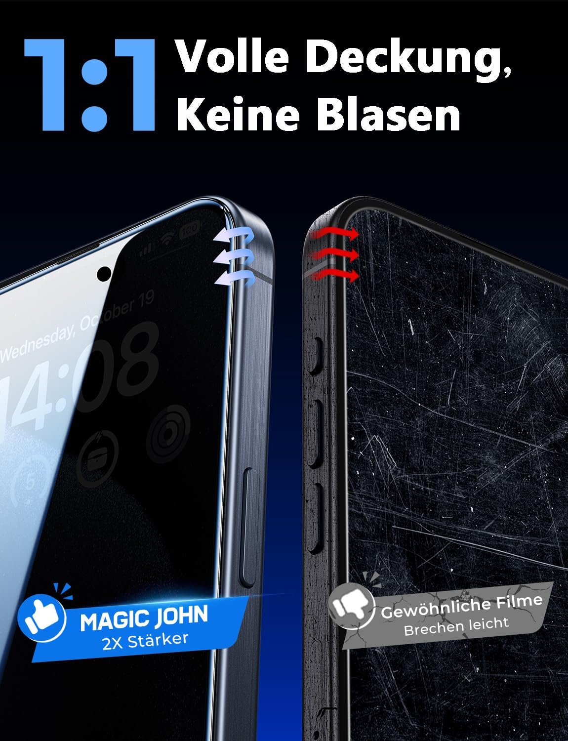 Thumbnail 6 de MAGIC JOHN 2-Stück Displayschutzfolie für iPhone 15 Pro (6,1 Zoll) mit Sichtschutz, 28° Blickwinkel, 9H, Staub-Entfernung und Blasenfrei-Installation