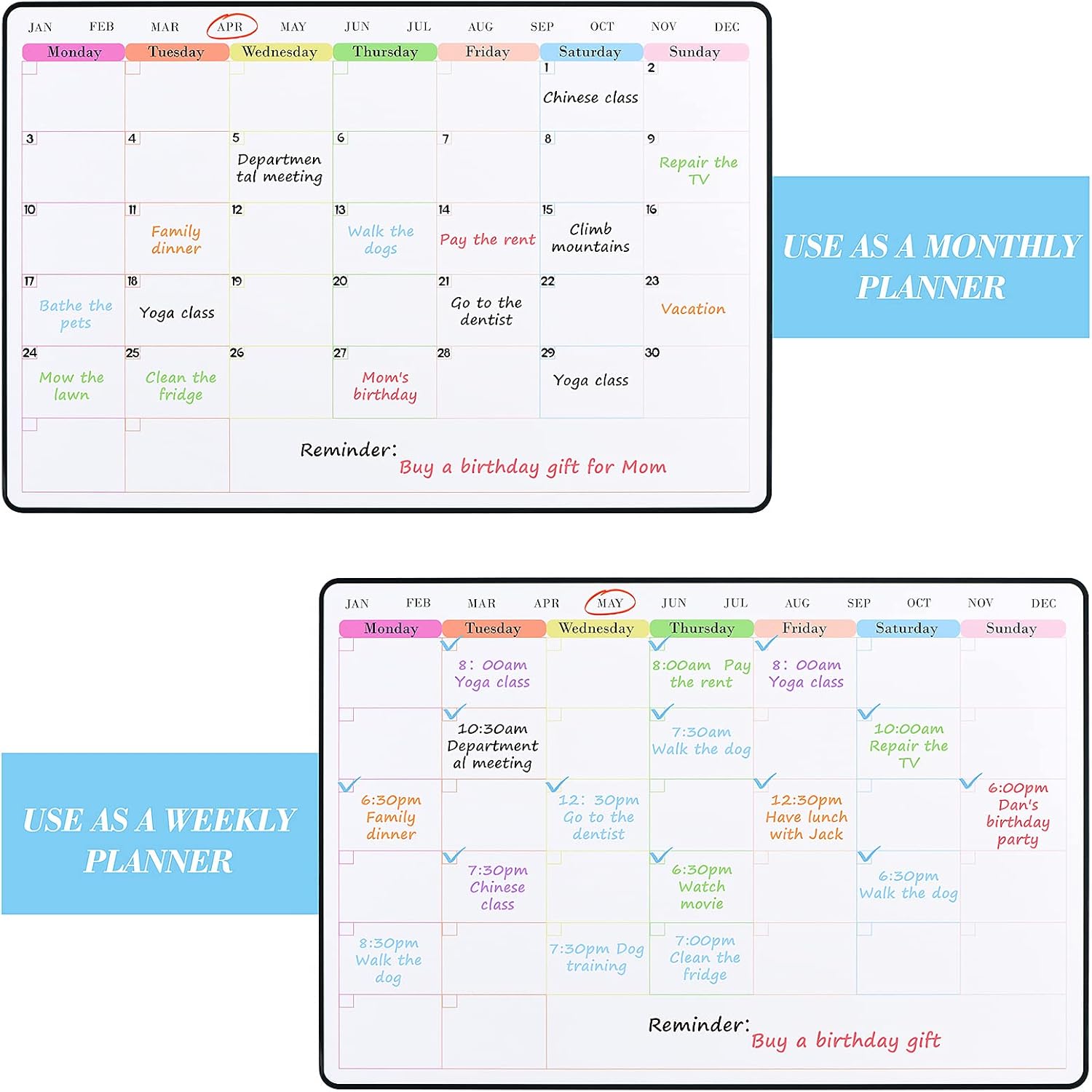 Thumbnail 4 de POPRUN 3 Pack Magnetic Dry Erase Calendar Whiteboard Set for Fridge (A3 family weekly & monthly planner)