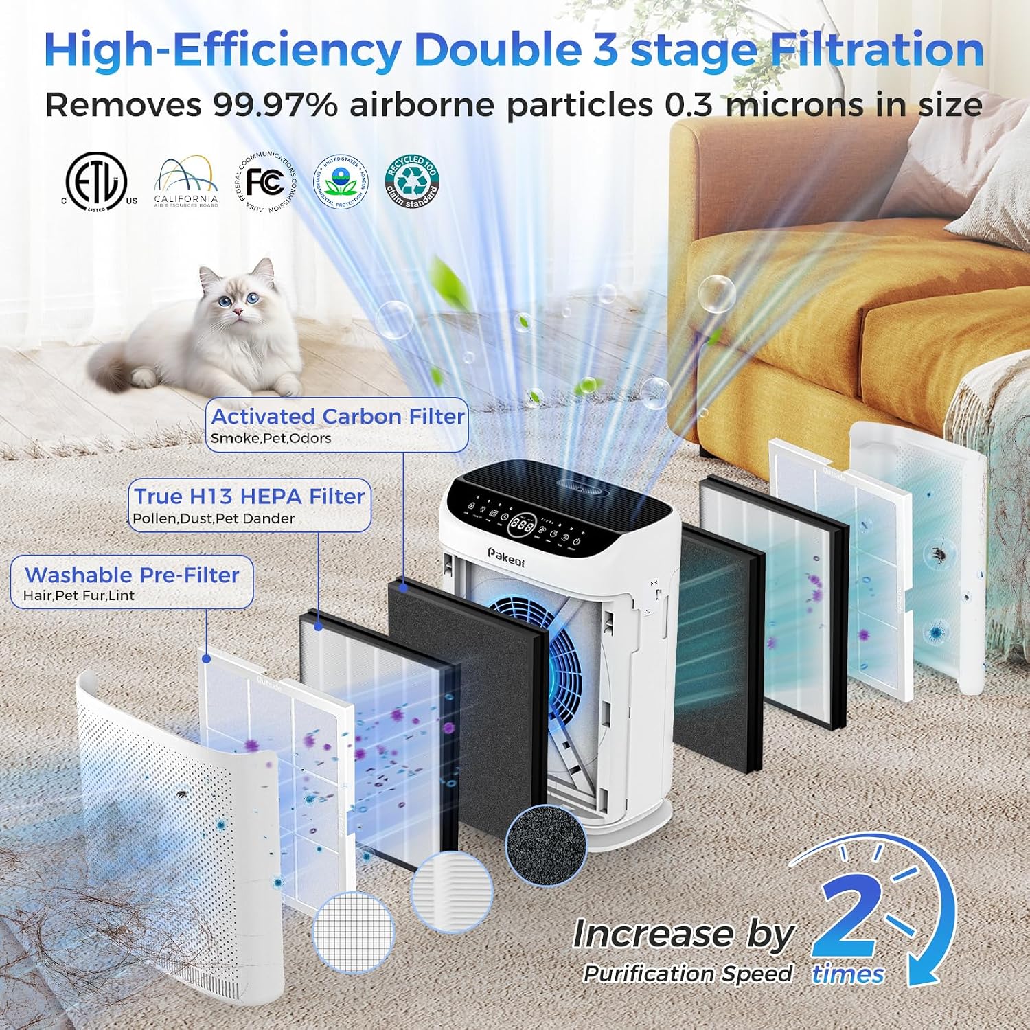 Detalle de PAKEOI ZX001 HEPA Air Purifier, Dual Intake, Washable Pre-Filters, 3,000 ft²