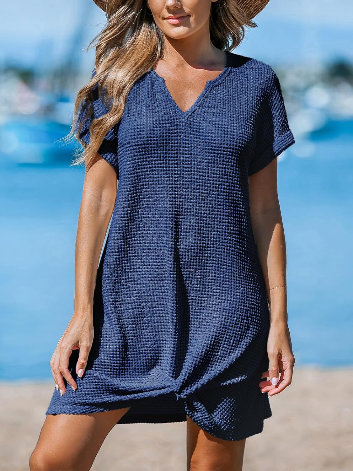 Detalle de Cupshe Costume da bagno da donna in maglia a nido d'ape con orlo torcito e maniche corte – copricostume estivo versatile