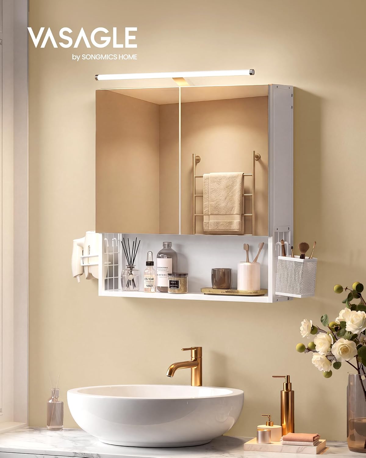 Thumbnail 1 de VASAGLE Armadietto da Bagno con Luce LED e Specchio BBK224WB01 – Bianco Nuvola