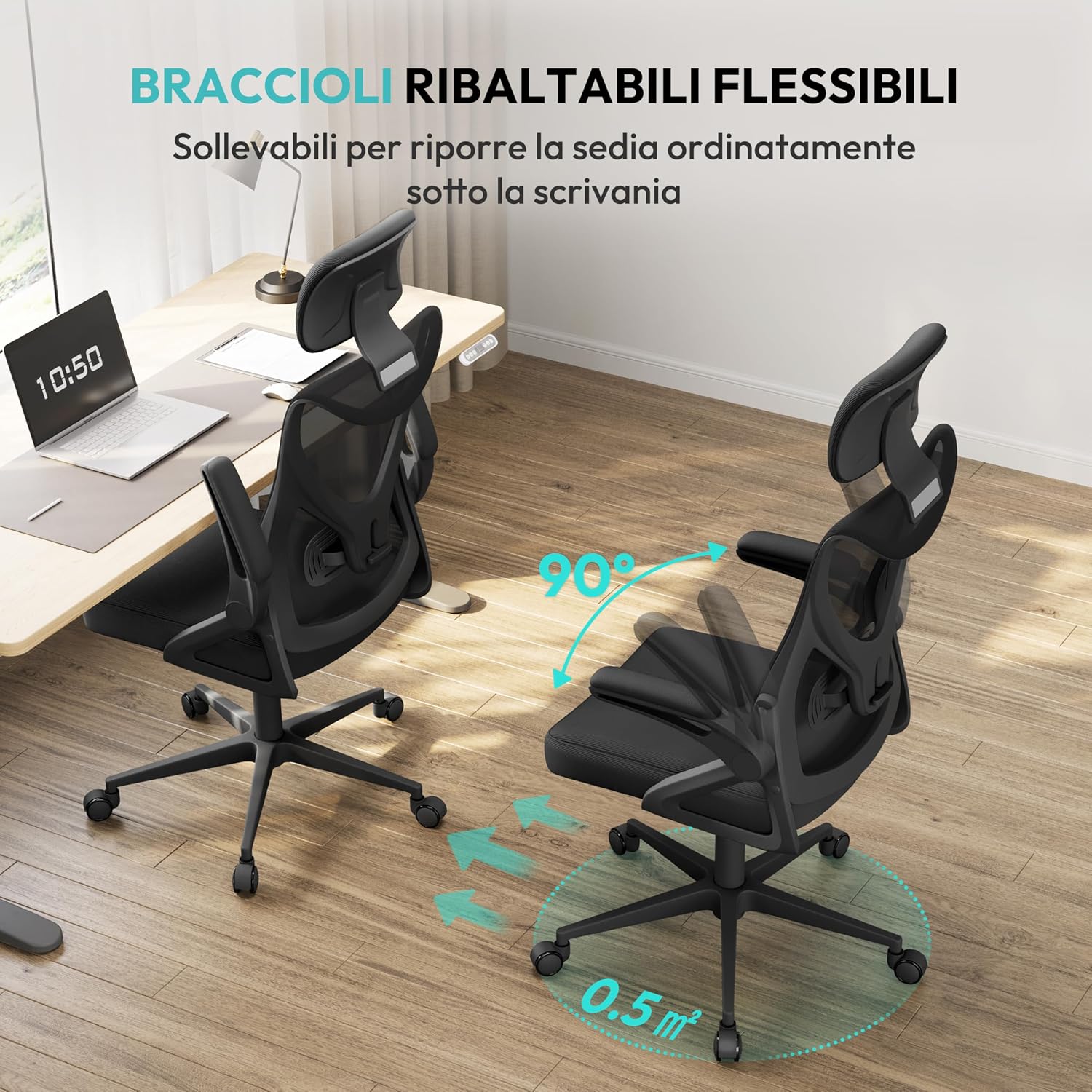 Thumbnail 4 de Yaheetech Sedia Ufficio Ergonomica con Braccioli e Poggiatesta Regolabile – Schienale Alto, Dondolo, Rete Traspirante e Supporto Lombare