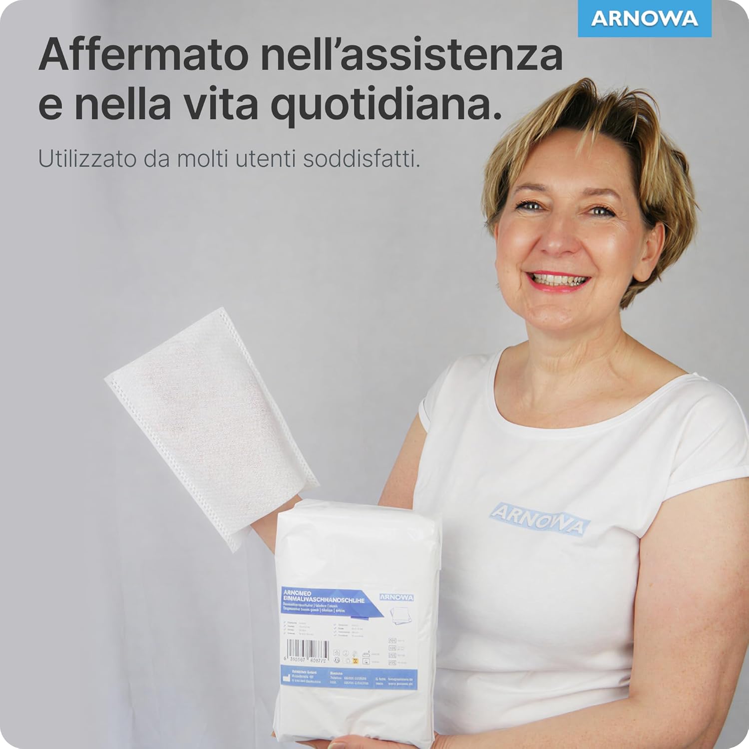 Thumbnail 6 de ARNOMED 50x manopole monouso non saponate idrorepellenti per igiene di adulti, anziani e bambini (60 g/m²)