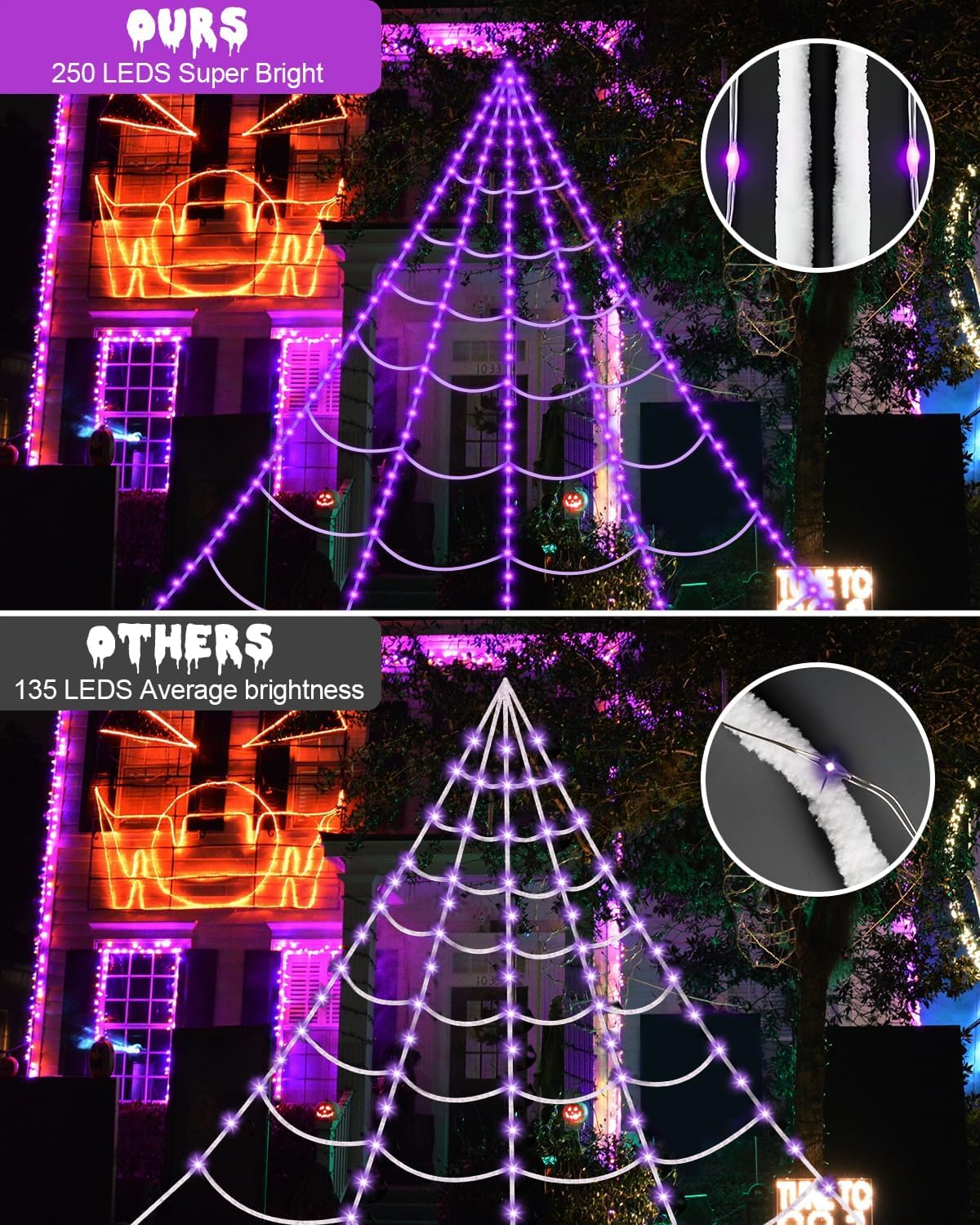 Detalle de ECOHDT spider web-purple Halloween Spider Web Lights, 250 Purple LEDs, Remote