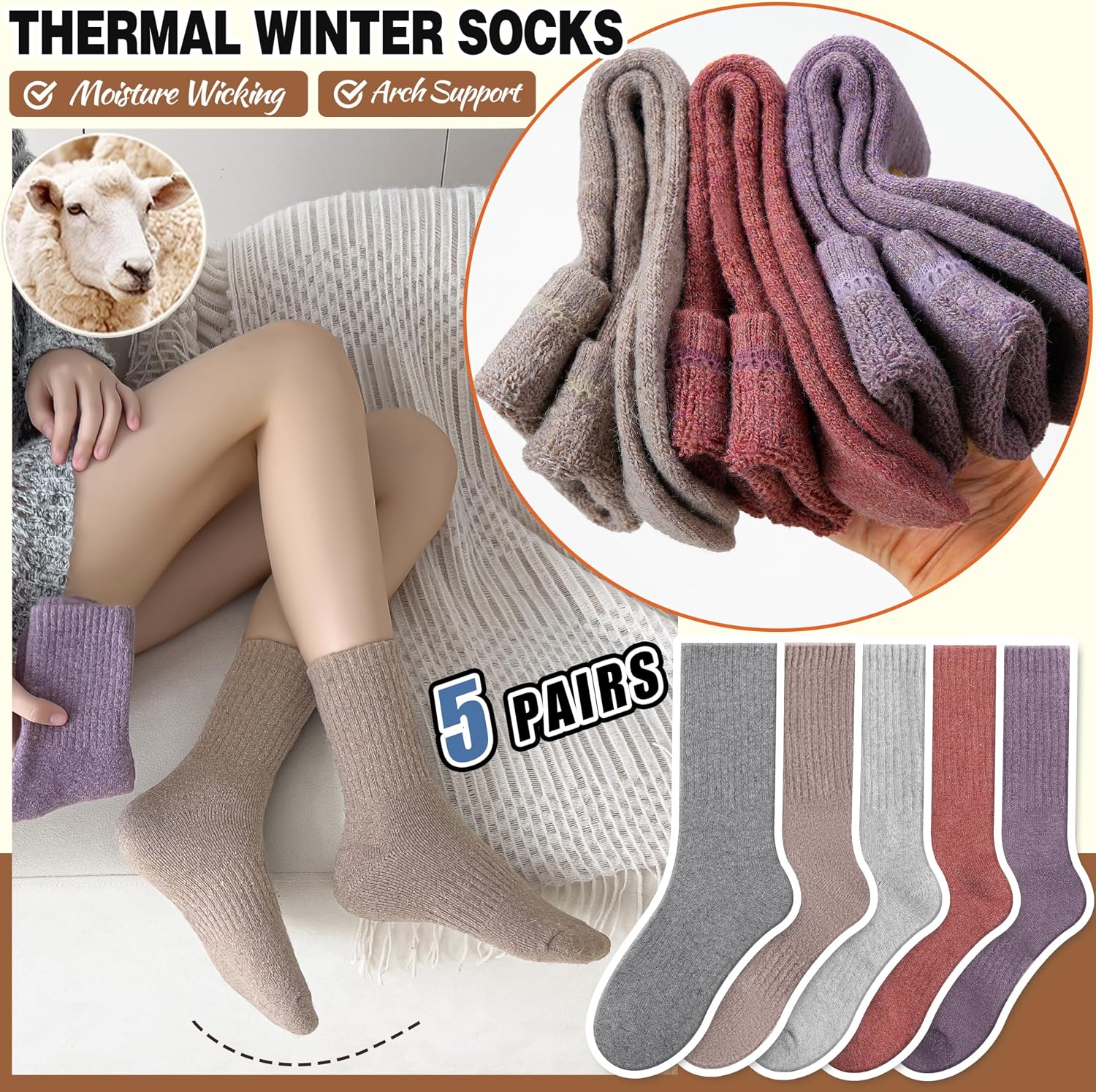 Thumbnail 2 de EBMORE Women's Merino Wool Thermal Socks 5 Pairs