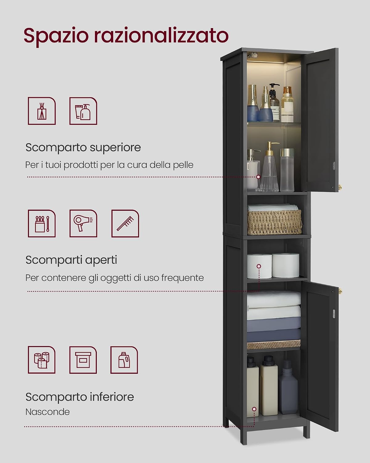 Thumbnail 3 de VASAGLE Mobile da bagno a colonna con luce BBK566BC01, nero inchiostro, 30 cm