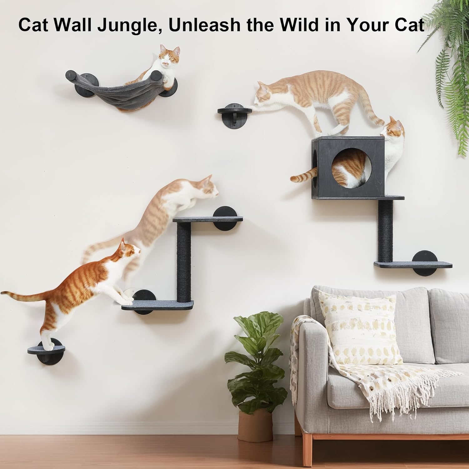 Detalle de FUKUMARU 5-Piece Cat Wall Shelves – Stable Wooden Wall-Mounted Furniture Set with Kitty Climber, Hammock, Steps, Scratching Post and Hideaway (Black)