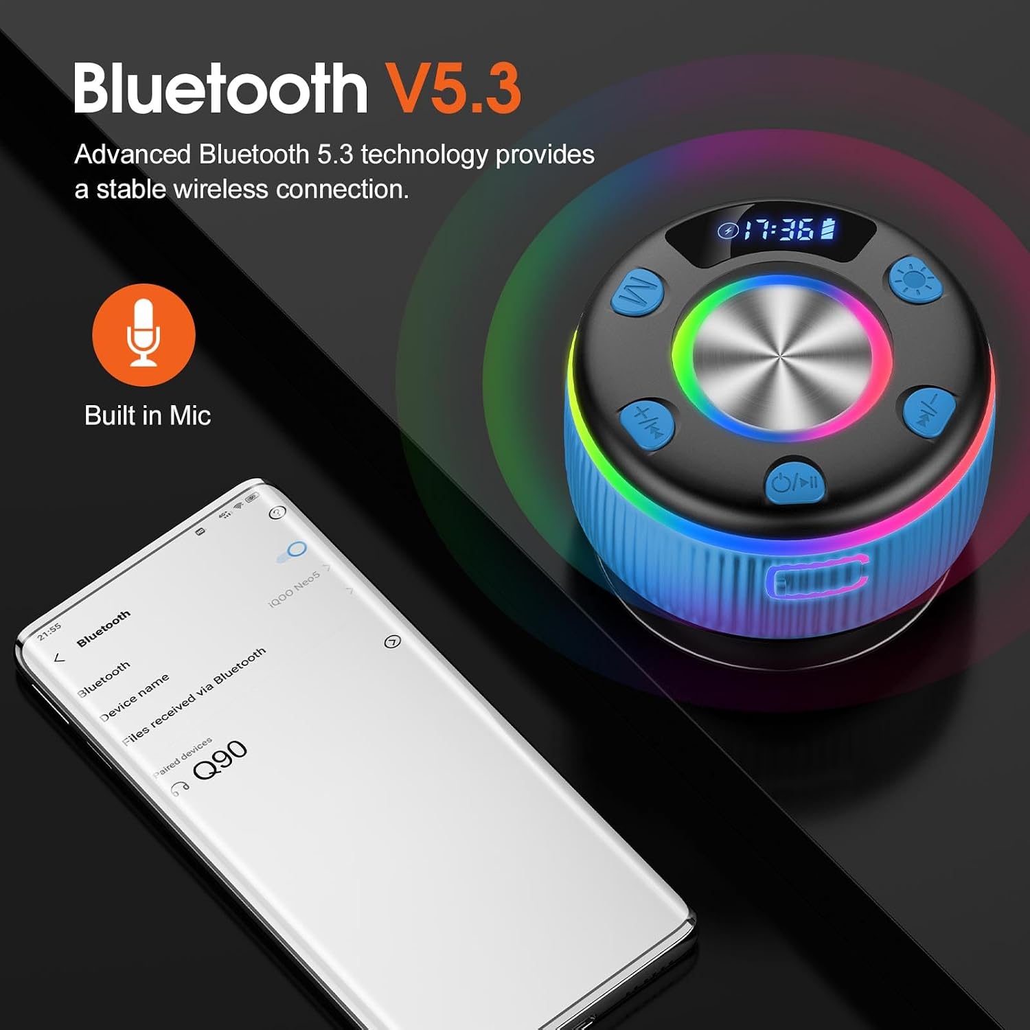 Thumbnail 6 de PRSCFUM Bluetooth Shower Speaker (IPX7) with LED lights, time display and Bluetooth 5.3