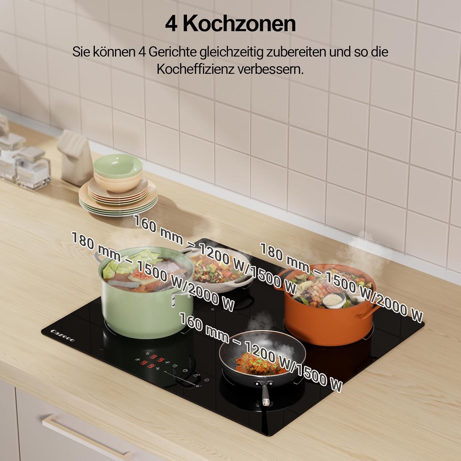 Detalle de Cazooo 60 cm Induktionskochfeld mit 4 Zonen, 7000W – Touch-Steuerung, Boost, Timer & Kindersicherung