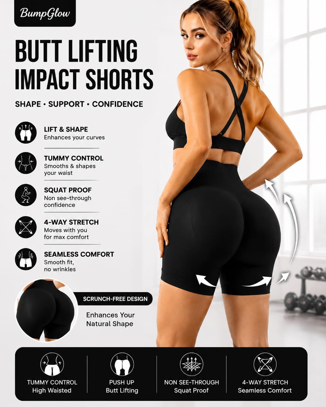 Detalle de Women Workout Impact Shorts 4.5 Scrunch Butt Lifting Tummy Control Gym Shorts