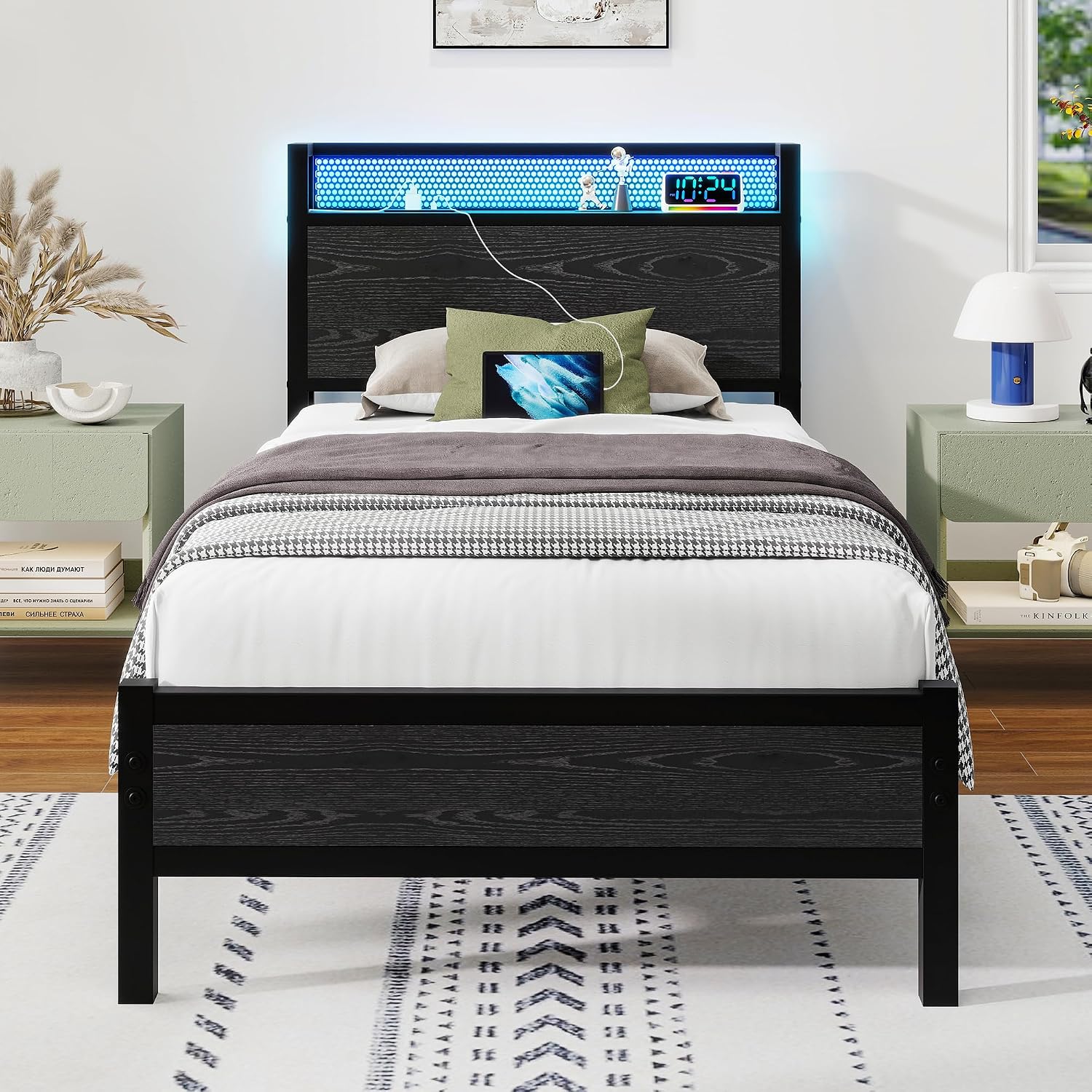 Detalle de Diolong 1012E Twin Bed Frame with RGB LED Lights and USB Charging Station