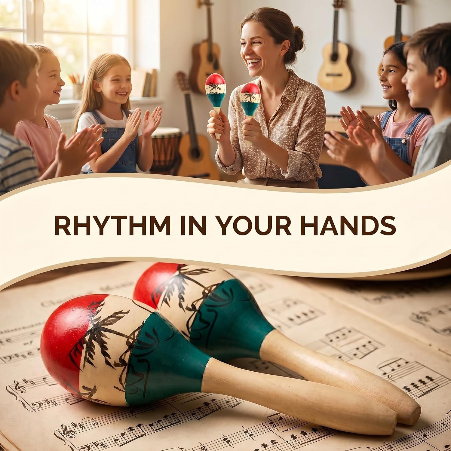 Detalle de Musfunny Maracas Große – bunte Holz-Rumba Shaker, Hand Percussion für Party und Spiel