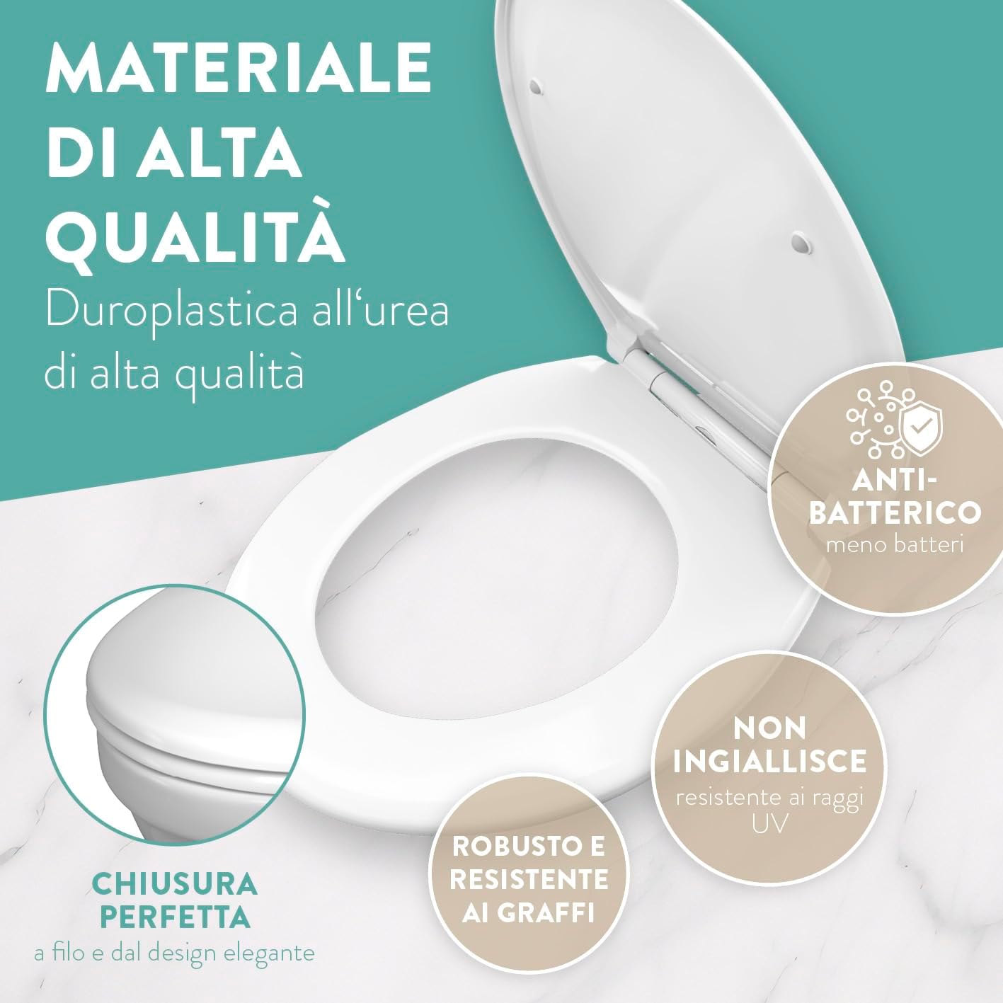 Detalle de Benkstein Sidele WC Copriwater Tavoletta Water: antibatterico, sgancio rapido e chiusura ammortizzata