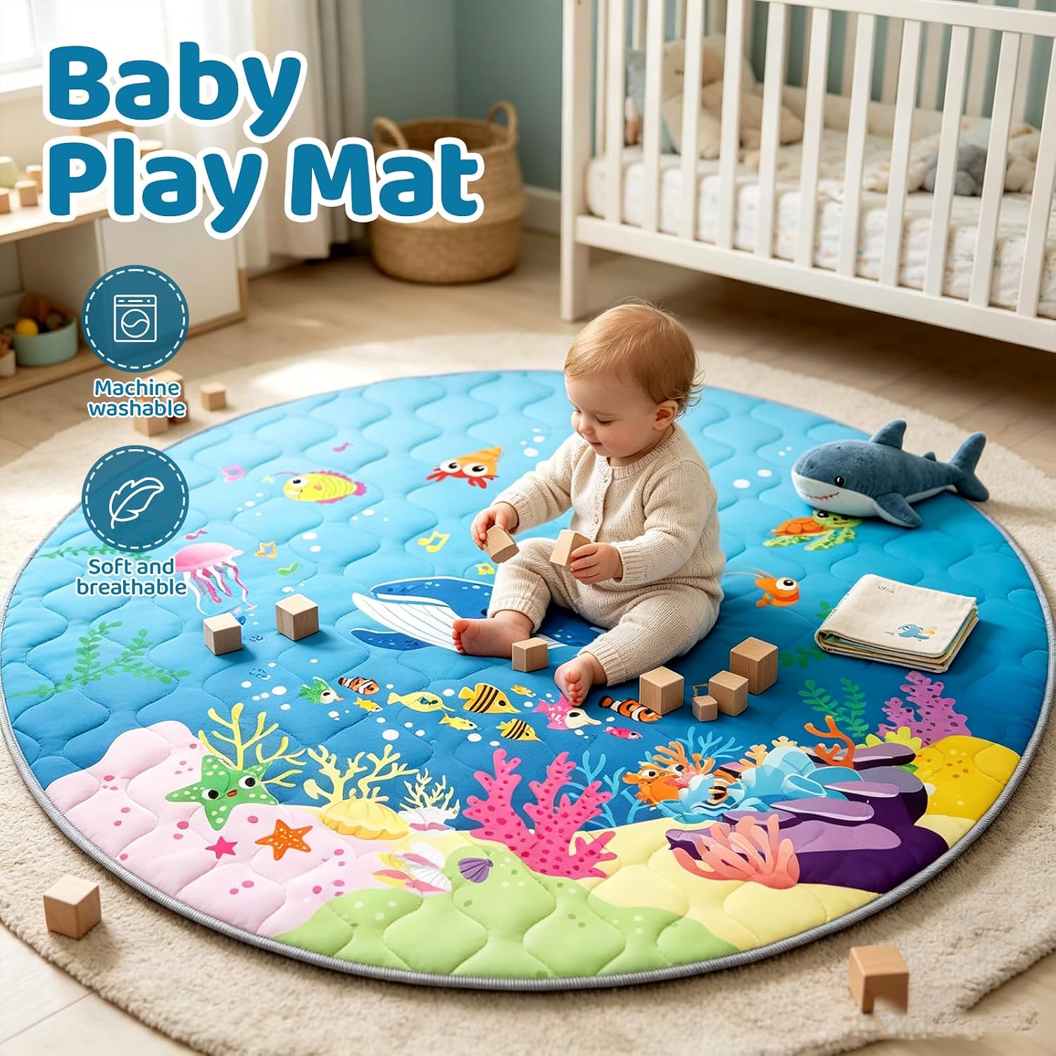 Detalle de RONGFA 48-Inch Round Baby Play Mat, 1-Inch Foam, Non-Slip, Machine Washable