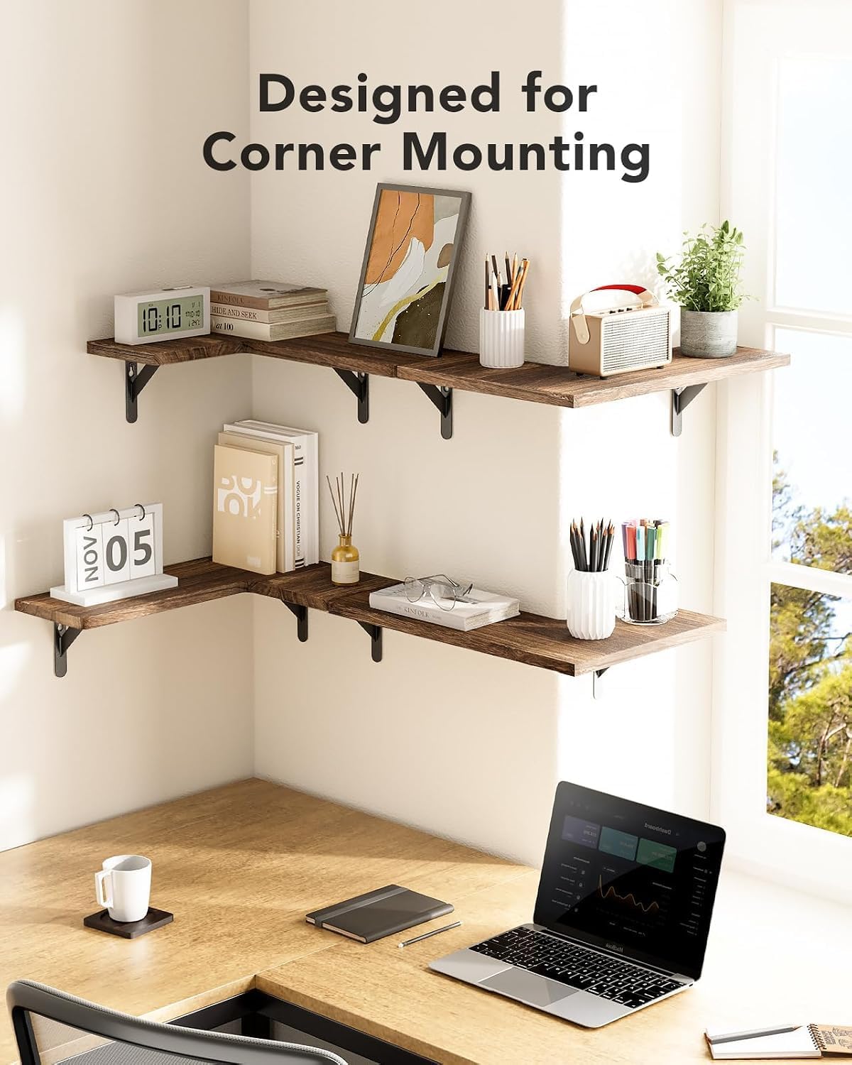 Detalle de AMADA Corner Floating Shelves, Paulownia Wood