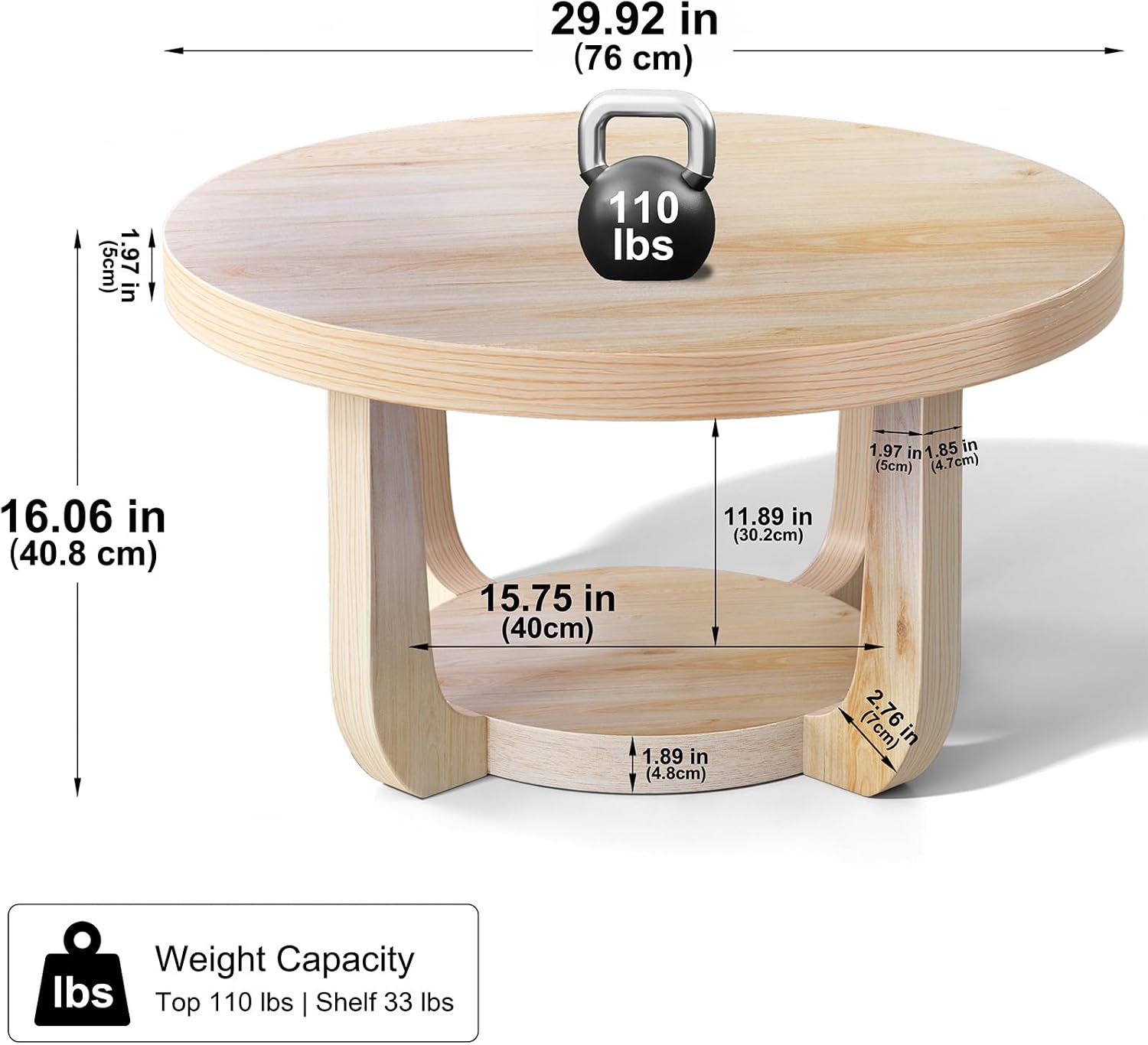 Detalle 2 de BEROXII Round Coffee Table, 2-Tier Storage, Nature Finish