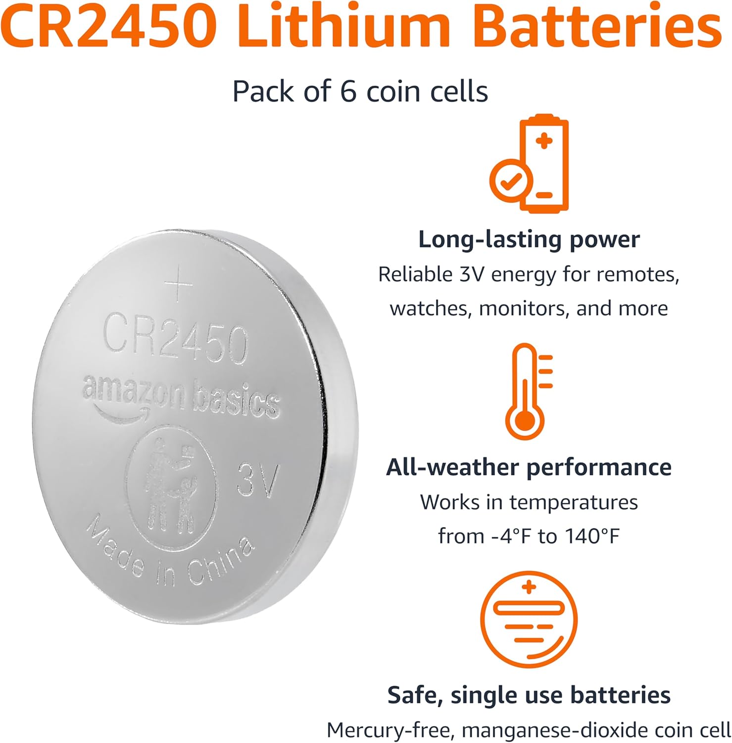 Detalle de Amazon Basics 6-Pack CR2450 Lithium Coin Cell Battery – 3 V, Mercury-Free, Child-Safe Packaging